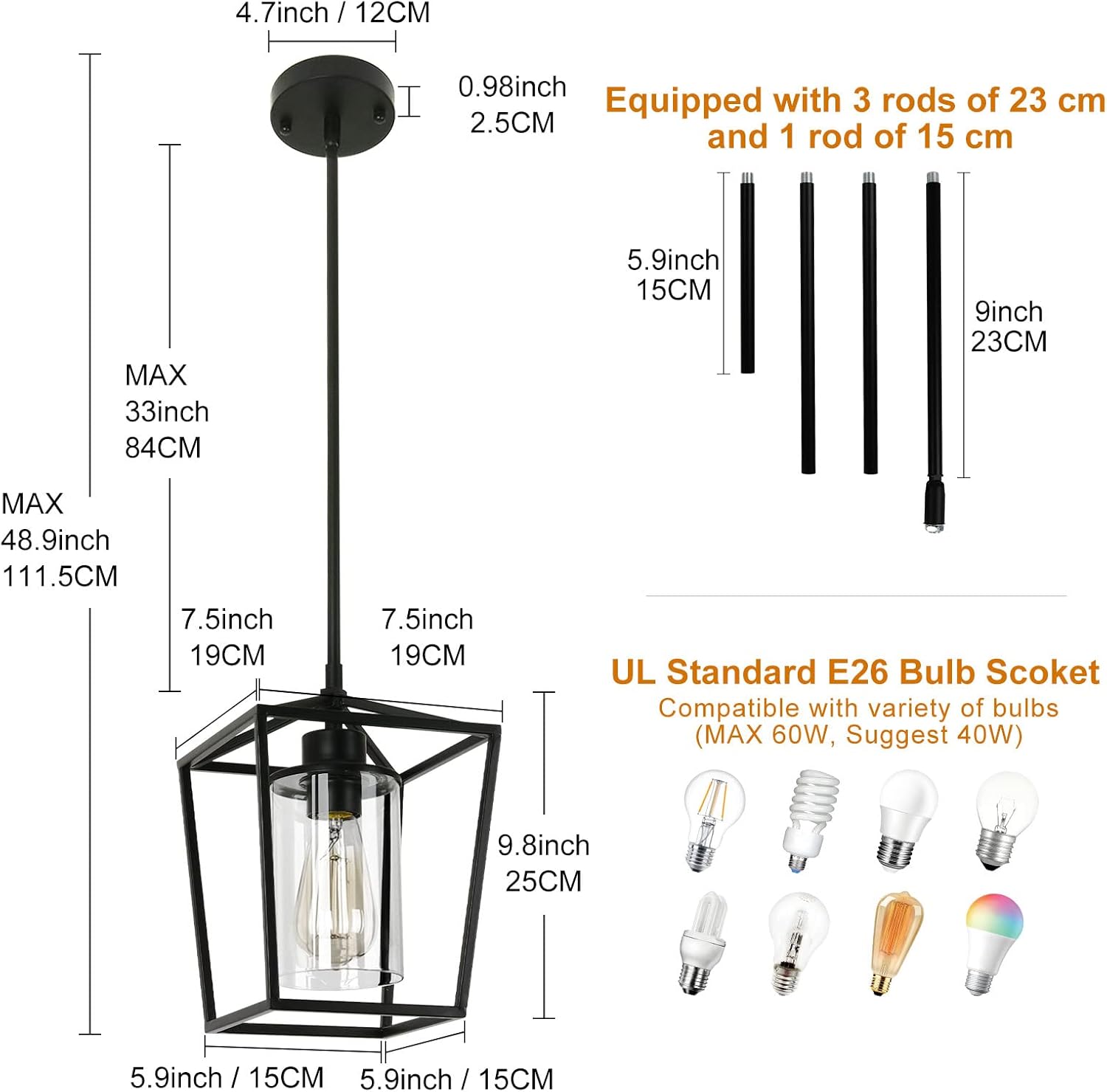 Black Pendant Light Fixture 1-Light Farmhouse Lantern Pendant Light Iron Cage Hanging Light with Clear Glass Shade for Kitchen Island Entryway Dining Room Hallway Porch