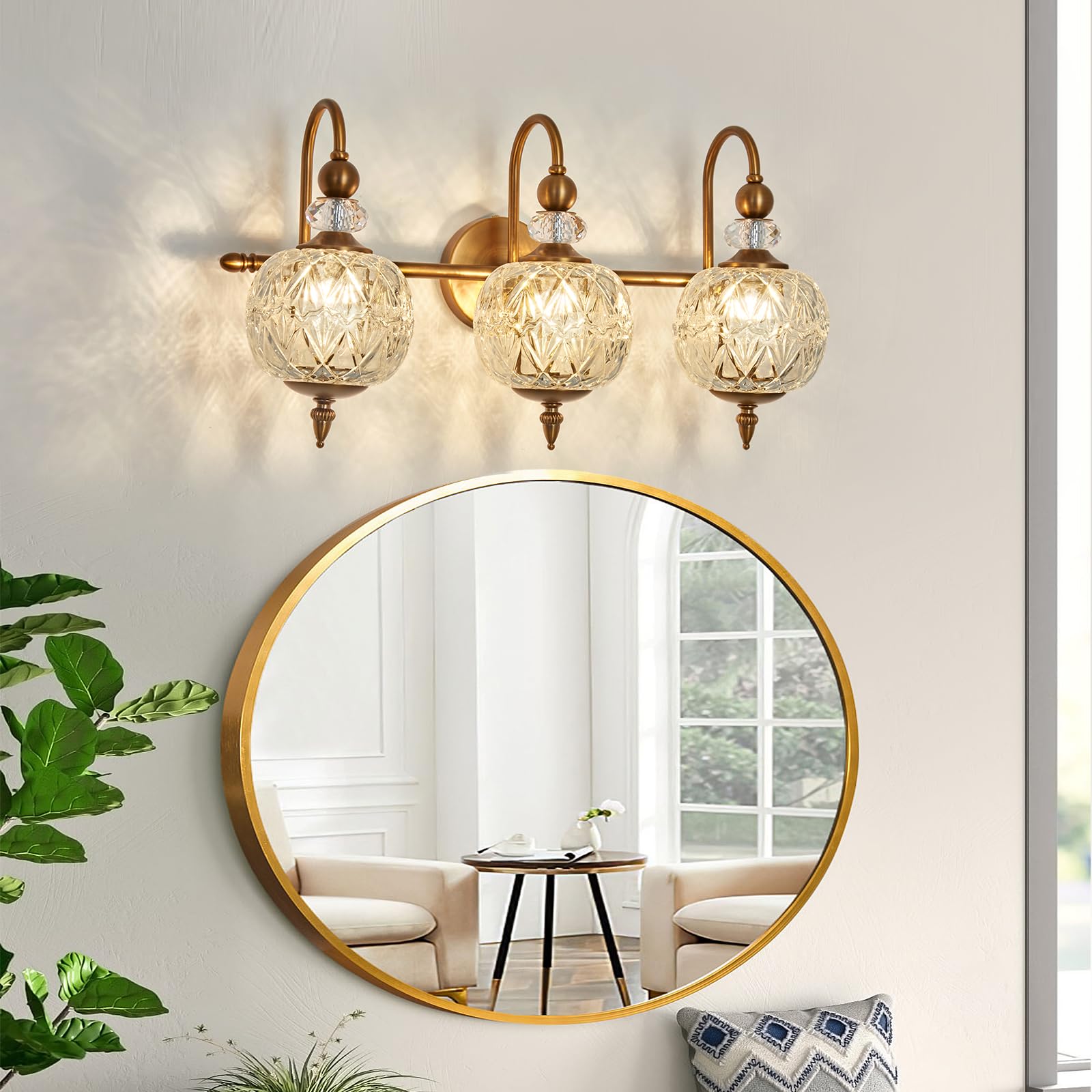 Vintage Gold Wall Sconce with Glass Globe Shade Mid Century Brushed Brass G9 Bulb Vanity Light Indoor Wall Light for Bathroom Farmhouse Bedroom Living Room Hallway