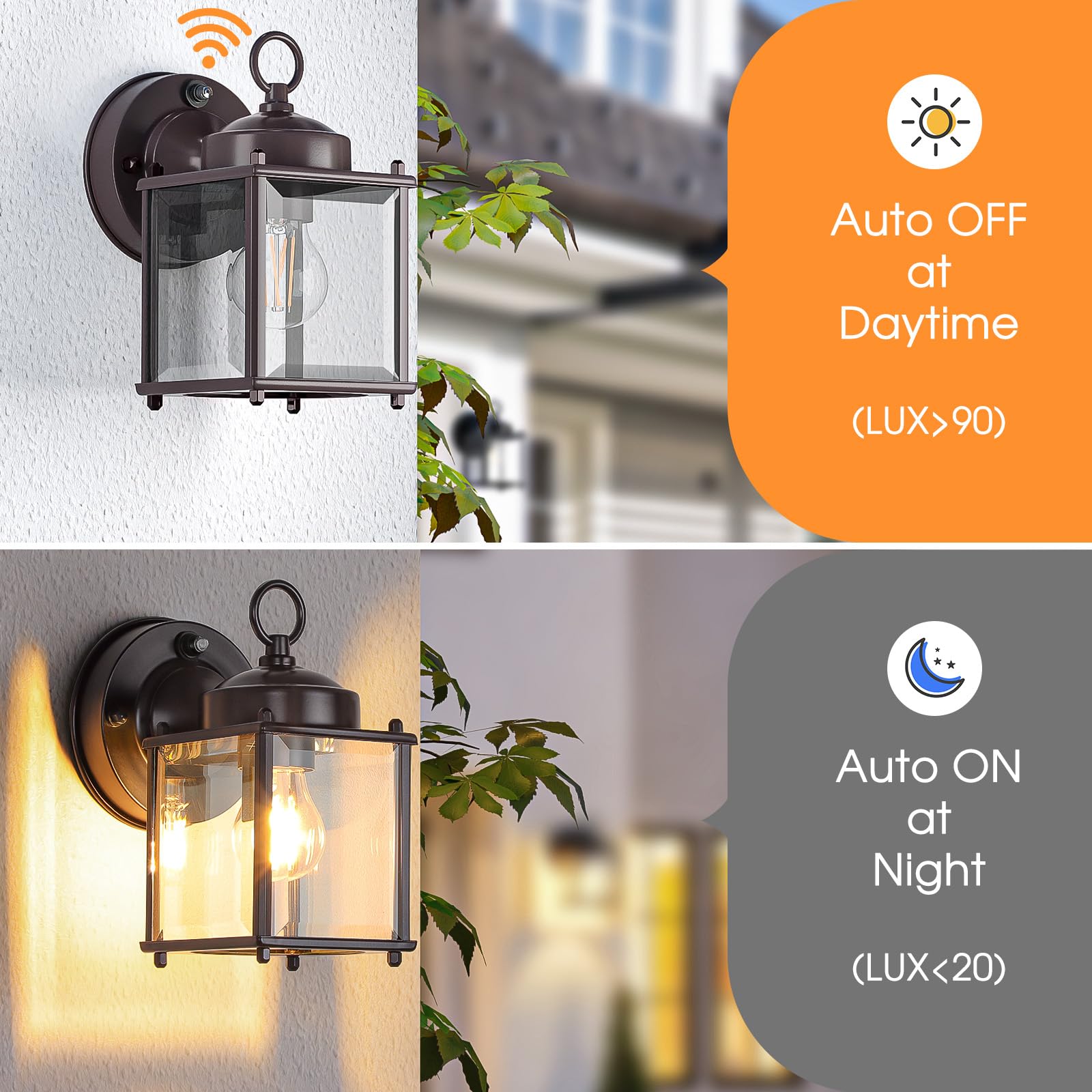 Sensor Outdoor Wall Sconce, Exterior Waterproof Wall Mount Lanterns, Black Front Porch Lights with Clear Beveled Glass, 2 Pack