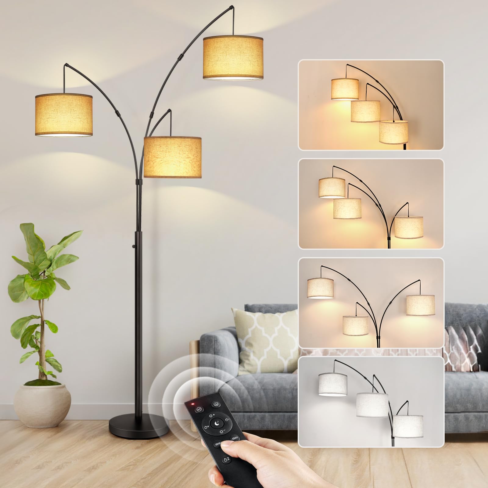 Arc Led Floor Lamp, Modern Black 3 Light Arched Tall Floor Lamp for Bedroom, 2400lm Mid Century Adjustable Standing Corner Lamps for Living Room Office, 3 LED Bulbs Included, Beige Lampshade