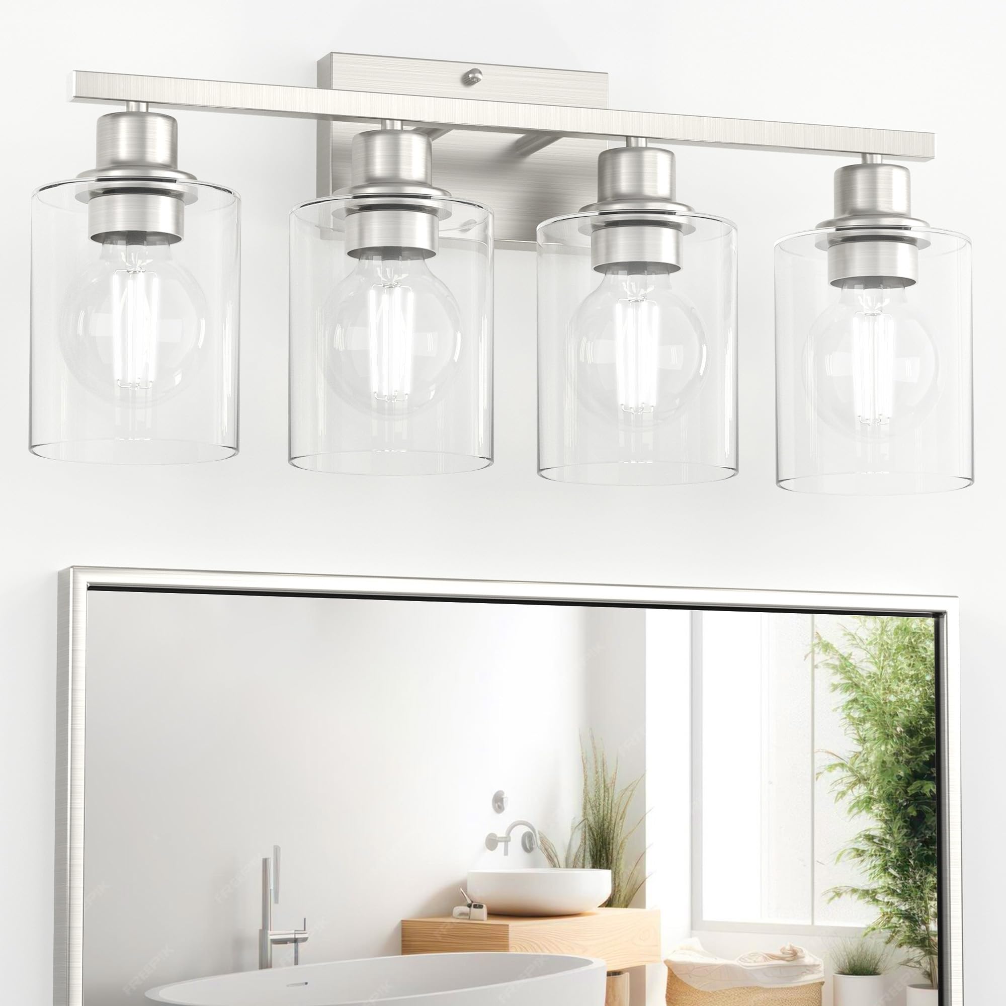 Bathroom Lighting Fixtures Over Mirror Brushed Nickel, Rustproof 3-Light Vanity Lights for Bathroom, 18Inches Modern Wall Sconces E26 Base, Transparent Clear Glass Shades, Bulbs Not Included