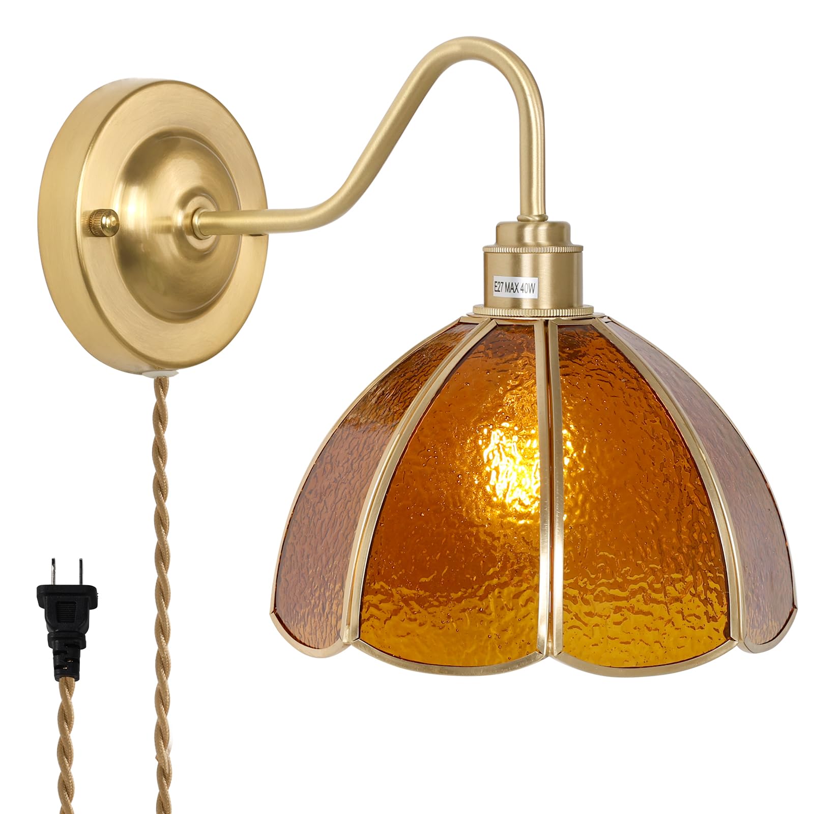 Wall Sconce, Wall Mounted Lamps with Green Checker Sconce, Stained Glass Shade Brass Wall Lights Fixture with Plug in Cord and Switch for Bedroom Bathroom Living Room Hallway