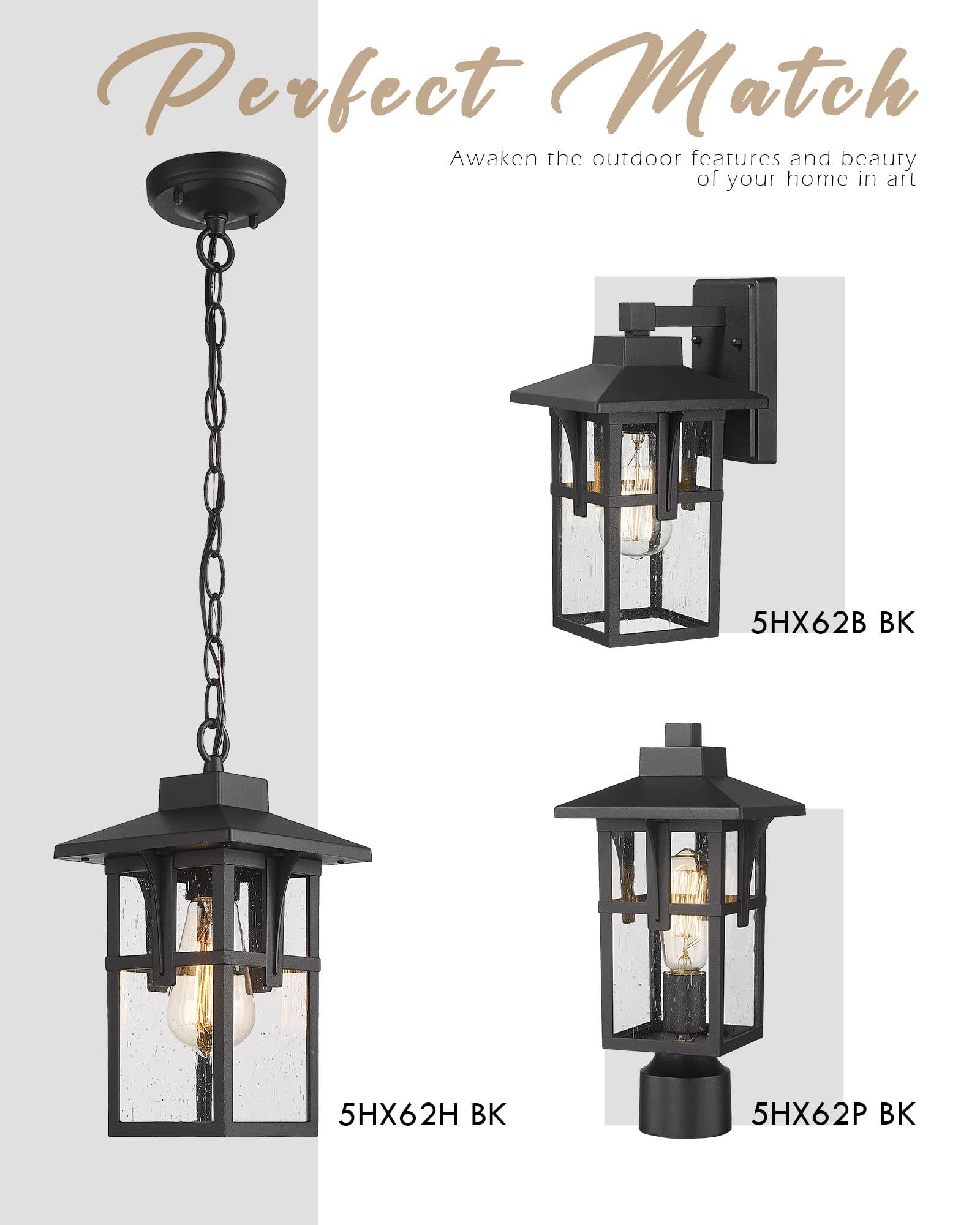 Outdoor Pendant Lights for Porch, HWH Exterior Hanging Porch Light, Farmhouse Outdoor Pendant Lighting with Height Adjustable Chain, Seeded Glass Shade, Matte Black Finish with Gold Edge, 5HX62H BG