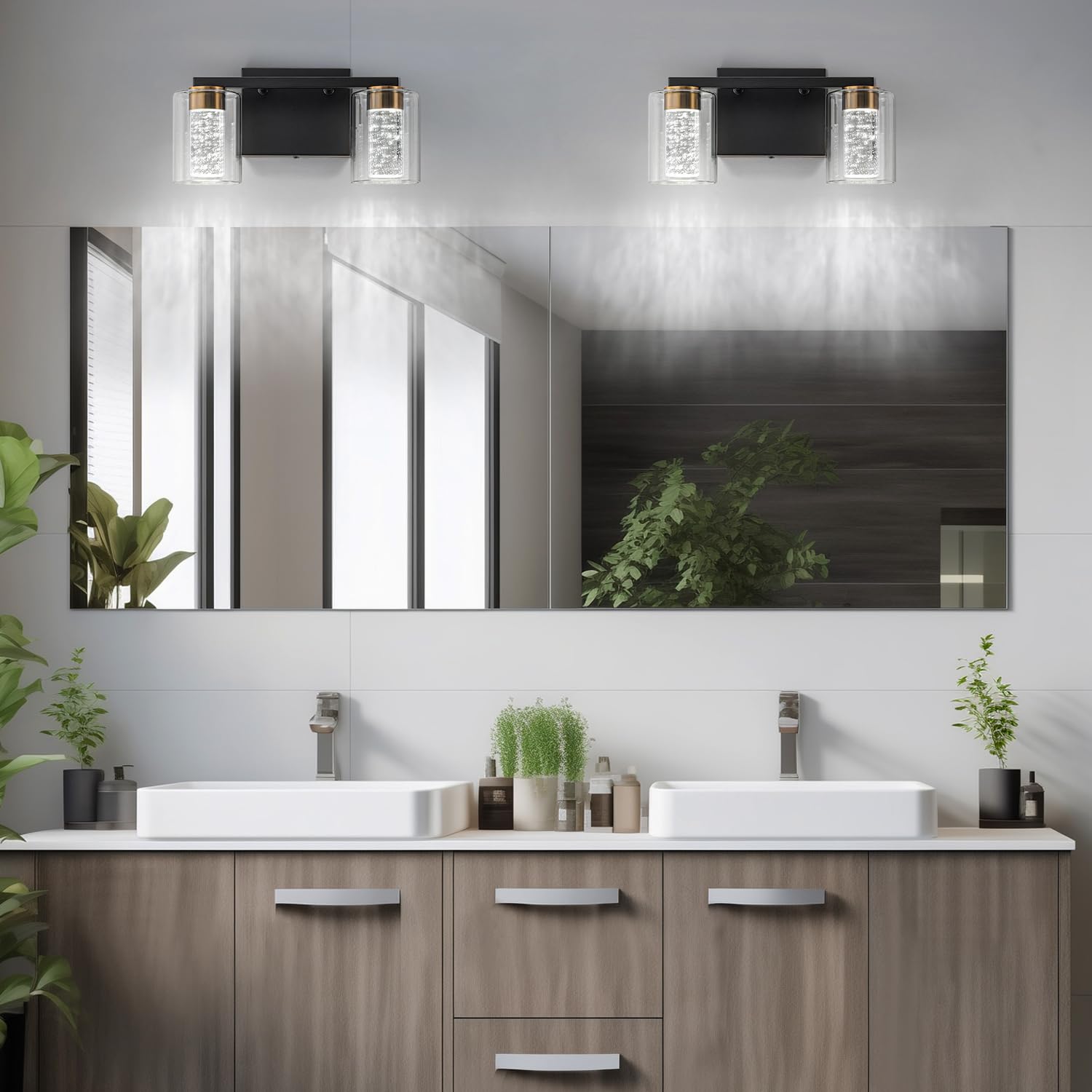 2-Light Brushed Nickel Vanity Light with 3 Color Modes (3000K/4000K/6000K), Eye Protection LED Bathroom Light Fixture, Dimmable Modern Wall Light Over Mirror with Clear Glass Shade