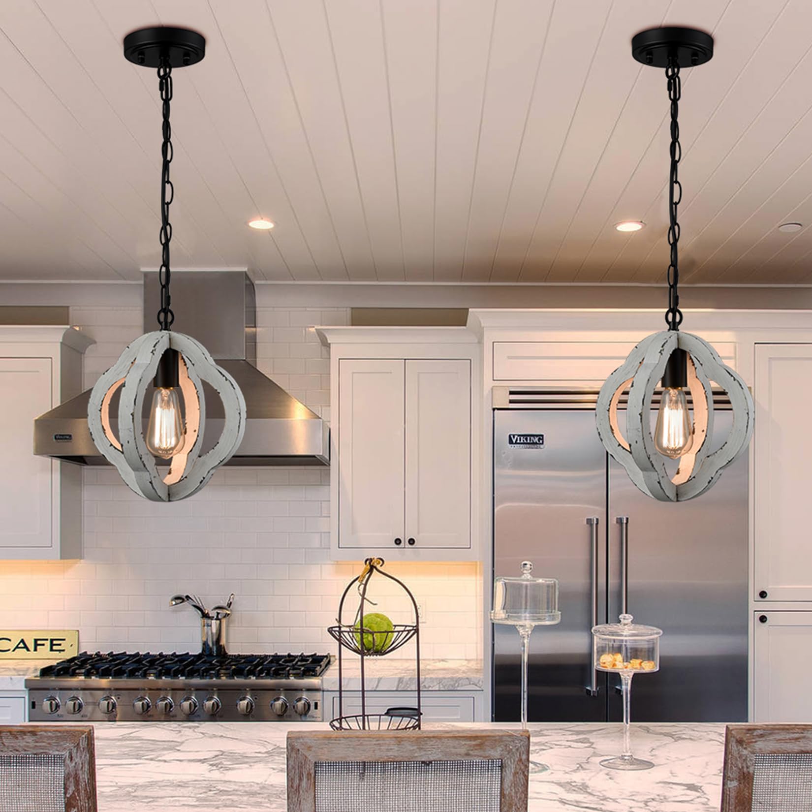 Farmhouse Wooden Pendant Light Distressed White Wood Chandelier 1-Light Modern Wooden Pendant Light Fixtures for Kitchen Island Dining Room Bedroom