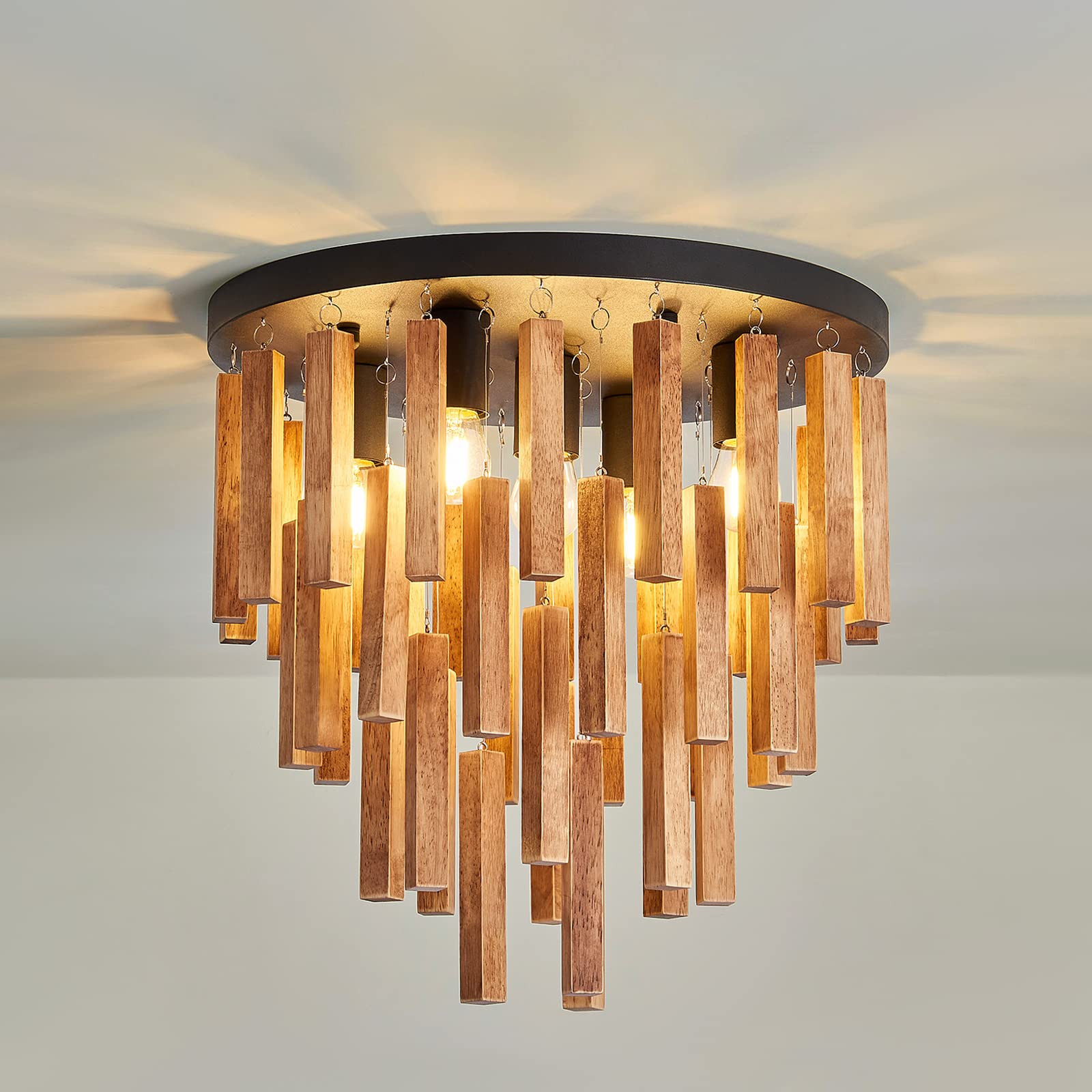 3-Light Semi Flush Mount Ceiling Lights Boho Wood Light Fixture Farmhouse Chandelier Oak and Black Ceiling Lighting with E26 for Kitchen Living Room Entryway Bedroom Dining Room…