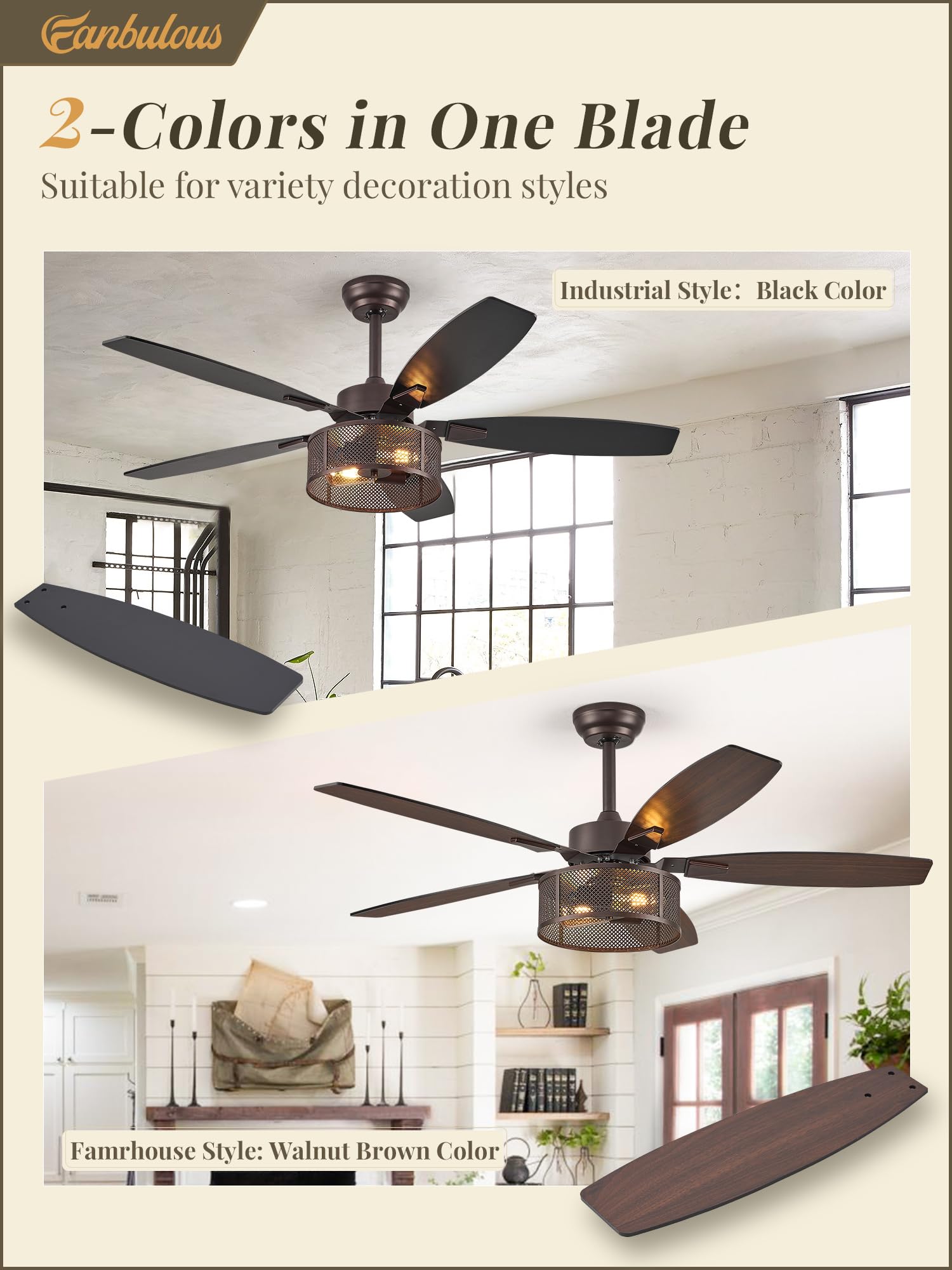 Farmhouse Ceiling Fans with Lights and Remote, 52 Inch Black Industrial Caged Ceiling Fans for Bedroom Living Room Kitchen, 6 Speed Reversible Quiet DC Motor, Dual Finish 5 Blades