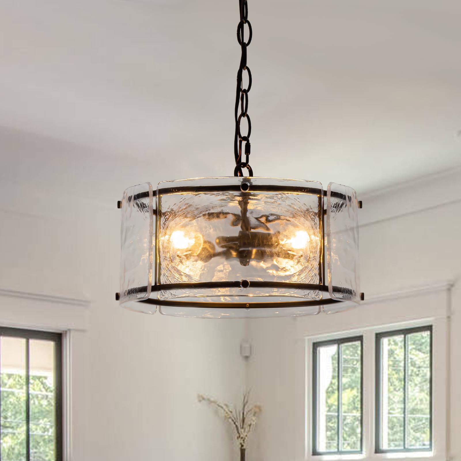 Black Glass Drum Chandeliers for Dining Room,20.47" Dining Room Light Fixtures Over Table,Hanging Pendant Light for Hight Ceiling,Foyer,Living Room,Entryway,Kitchen