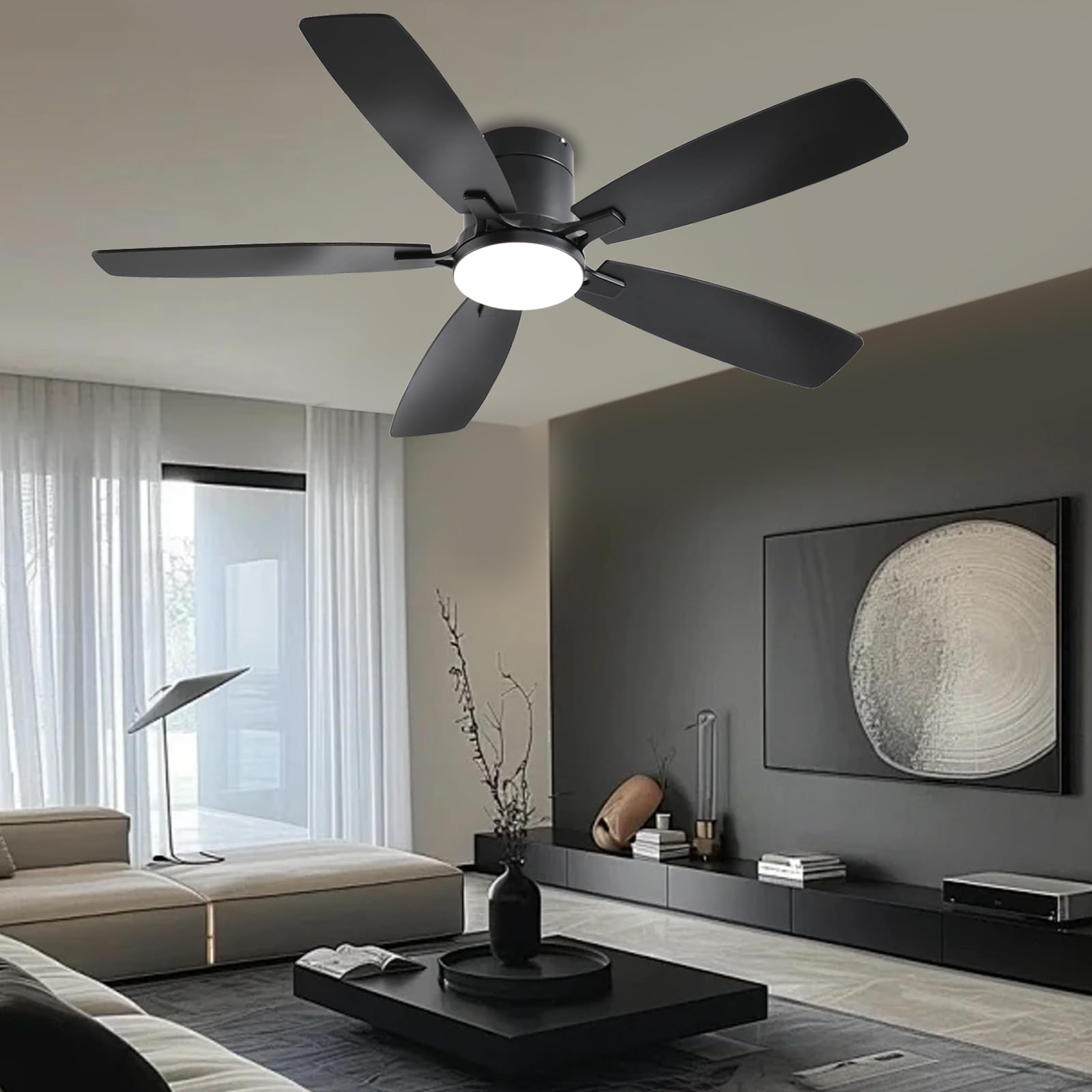 Ceiling Fans with Lights, 52 inch Low Profile Ceiling Fan with Light and Remote Control, Flush Mount, Reversible Motor, Dimmable, Noiseless, White Ceiling Fan for Bedroom, Indoor/Outdoor Use