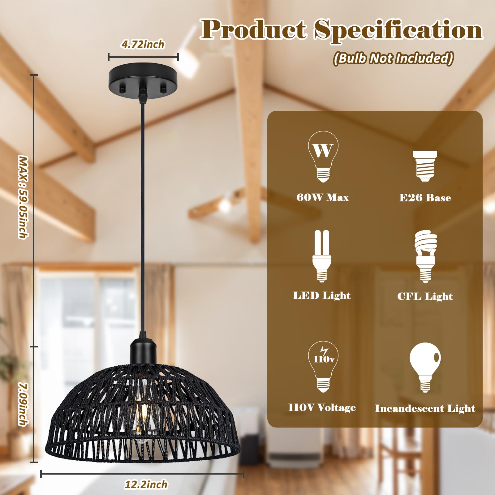 Rattan Pendant Light Fixtures 2 Packs, Boho Woven Basket Pendant Light, Handmade Wicker Hanging Lamp, Rattan Chandelier for Kitchen Island, Dining Room, Living Room, Bedroom, E26 Base