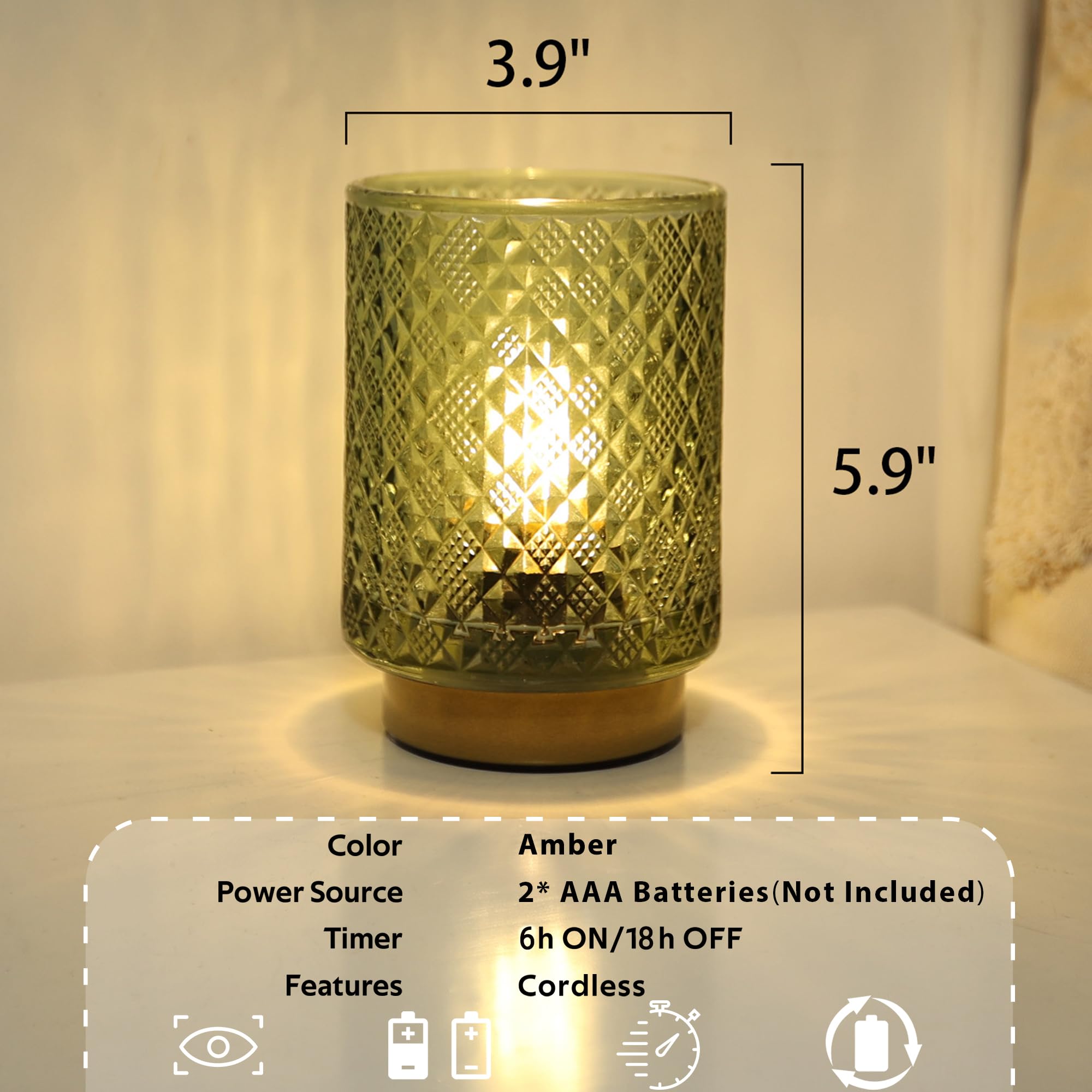 Battery Operated Lamp with Timer, Small Table Lamp with LED Bulb, Glass Cordless Lamps Beside Table Light for Living Room, Bedroom, Entryway Diamond Design-Green