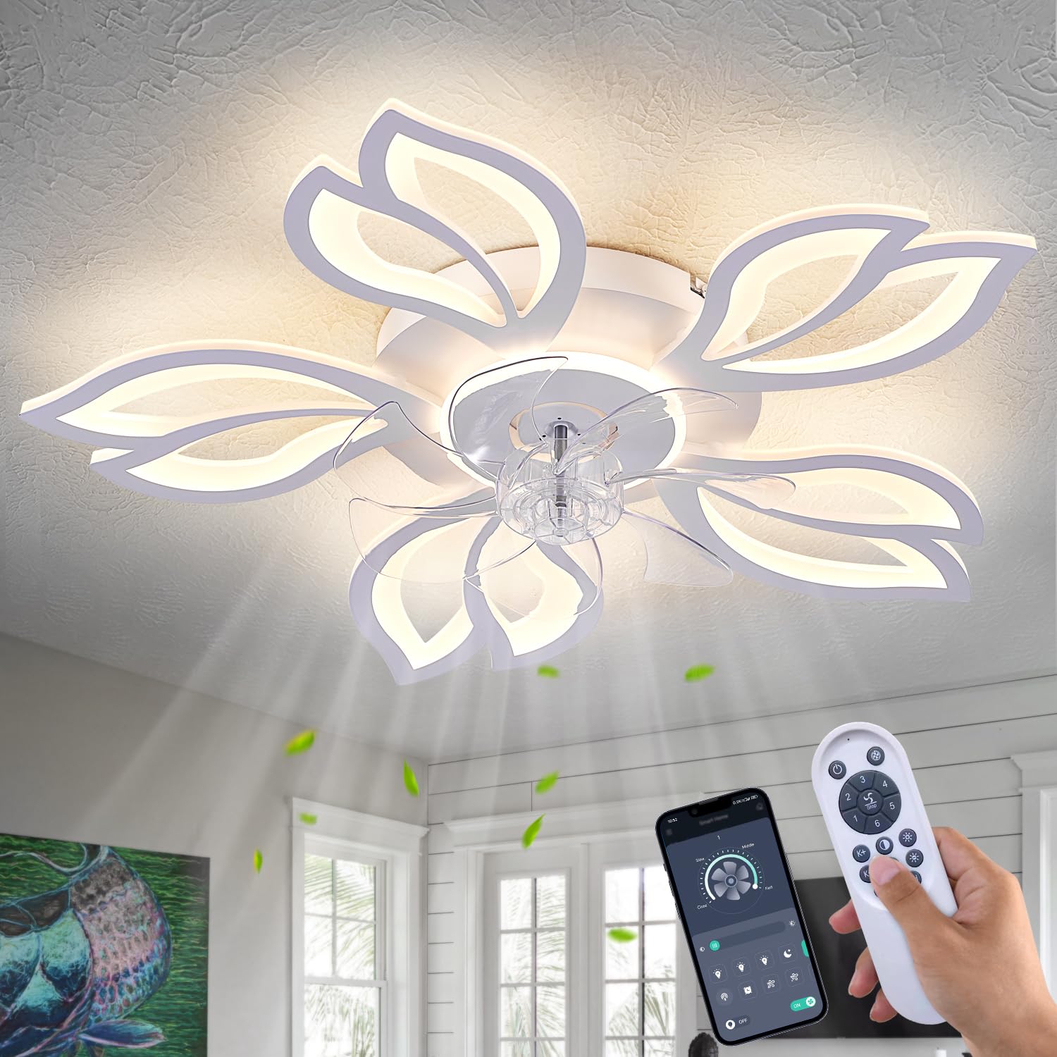 Ceiling Fan with Lights Remote Control, 24" Black, 6 Speeds 3 Light Color Low Profile Flush Mount Ceiling Fan for Kitchen Bedroom