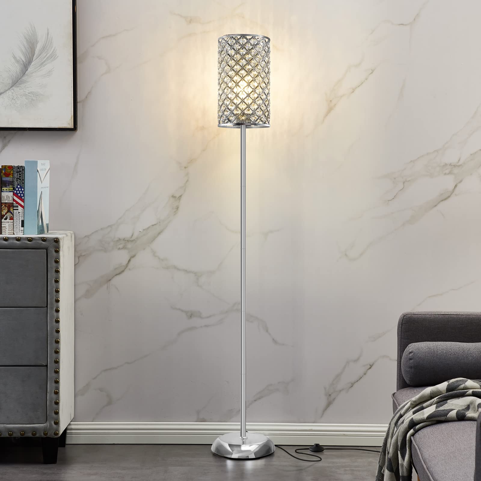 Crystal Floor Lamp, Elegant Standing Lamp Modern Floor Lamp Silver Finish Tall Pole Lamp Accent Light with On/Off Foot Switch for Living Room, Girl Bedroom, Dresser, Office