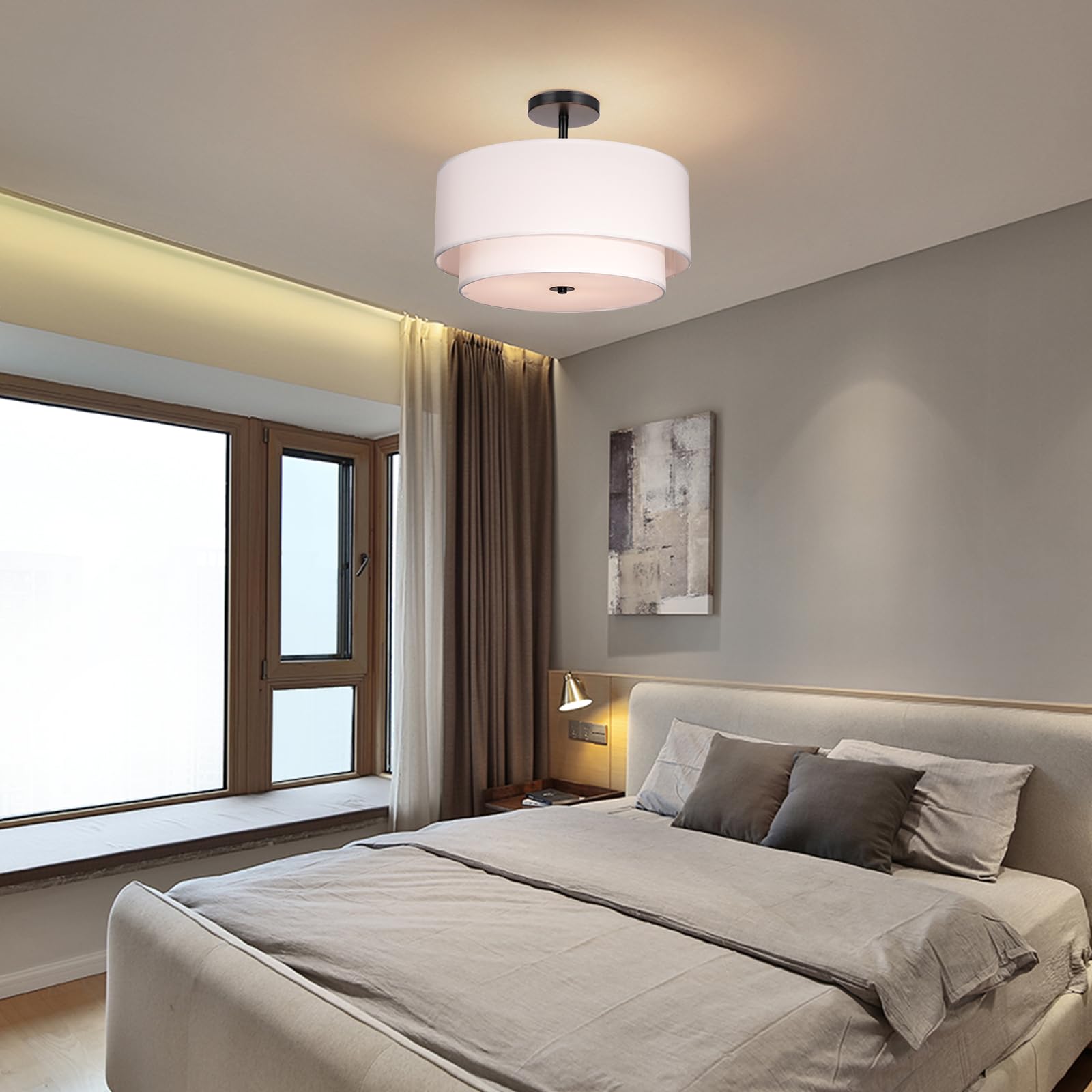 Modern Semi Flush Mount Ceiling Light - Easric Light Fixtures Ceiling Mount Hallway Light Fixtures Ceiling with Black 2-Layer Fabric Shade Drum Ceiling Lights for Bedroom,Dining Room,Kitchen,Foyer