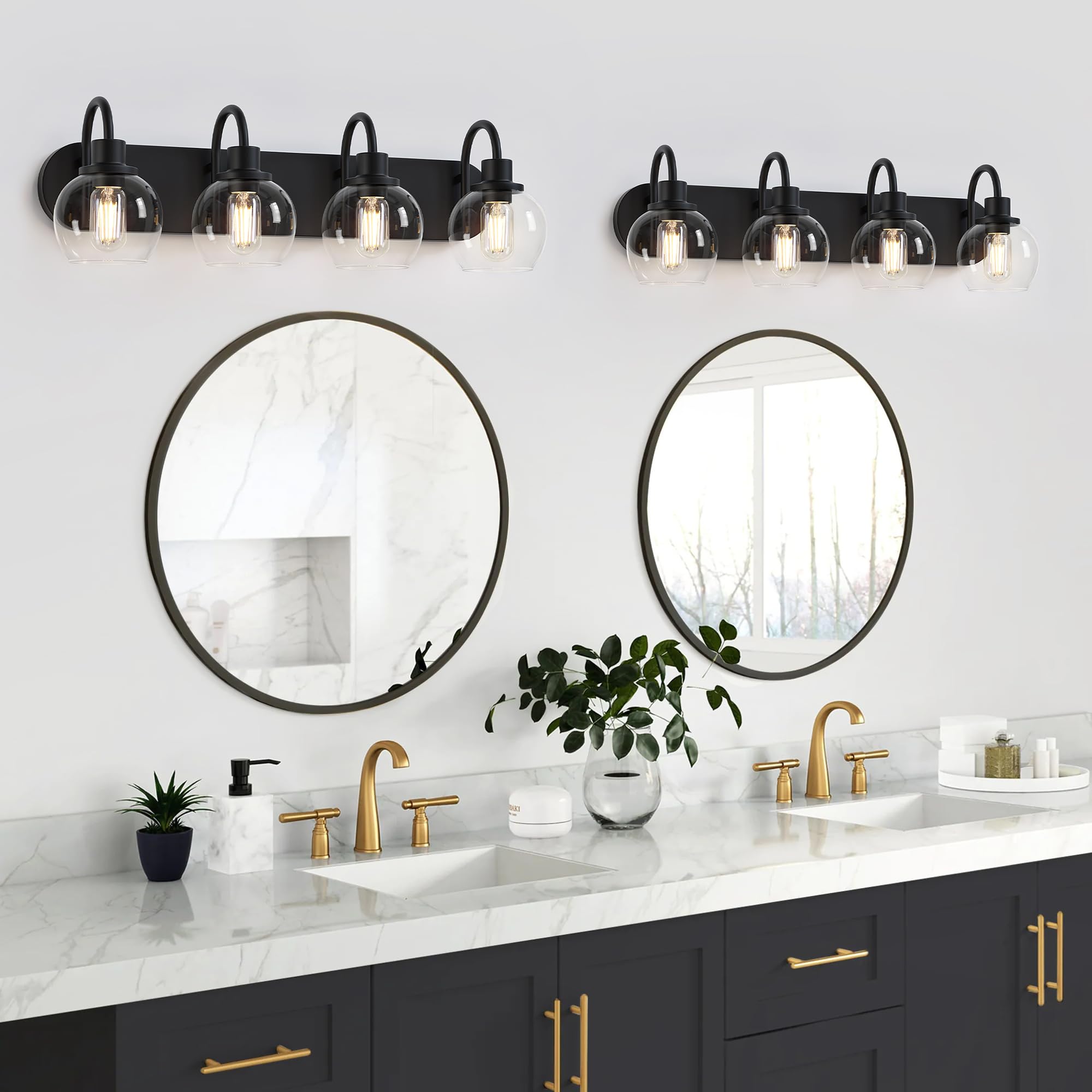 Industrial Bathroom Vanity Light， 4-Light Bathroom Lights Over Mirror with Clear Glass Globe Shade and Metal Base, Matte Black Bathroom Vanity Light Fixture