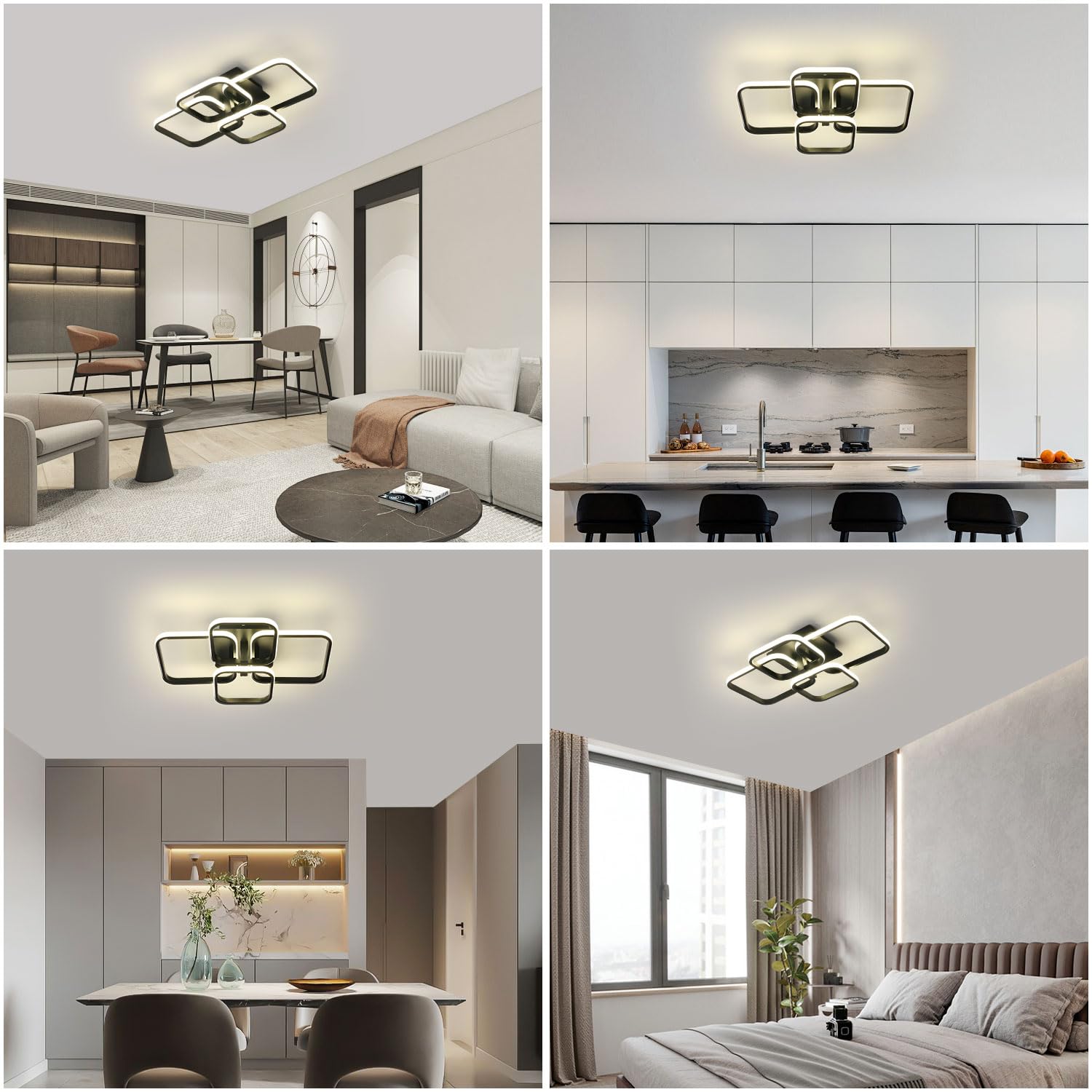 Modern LED Ceiling Light - 60W 4500K Black Semi Flush Mount Ceiling Light Fixtures, 4-Square Design Ceiling Lamp for Living Room, Kitchen, Bedroom, Dining Room