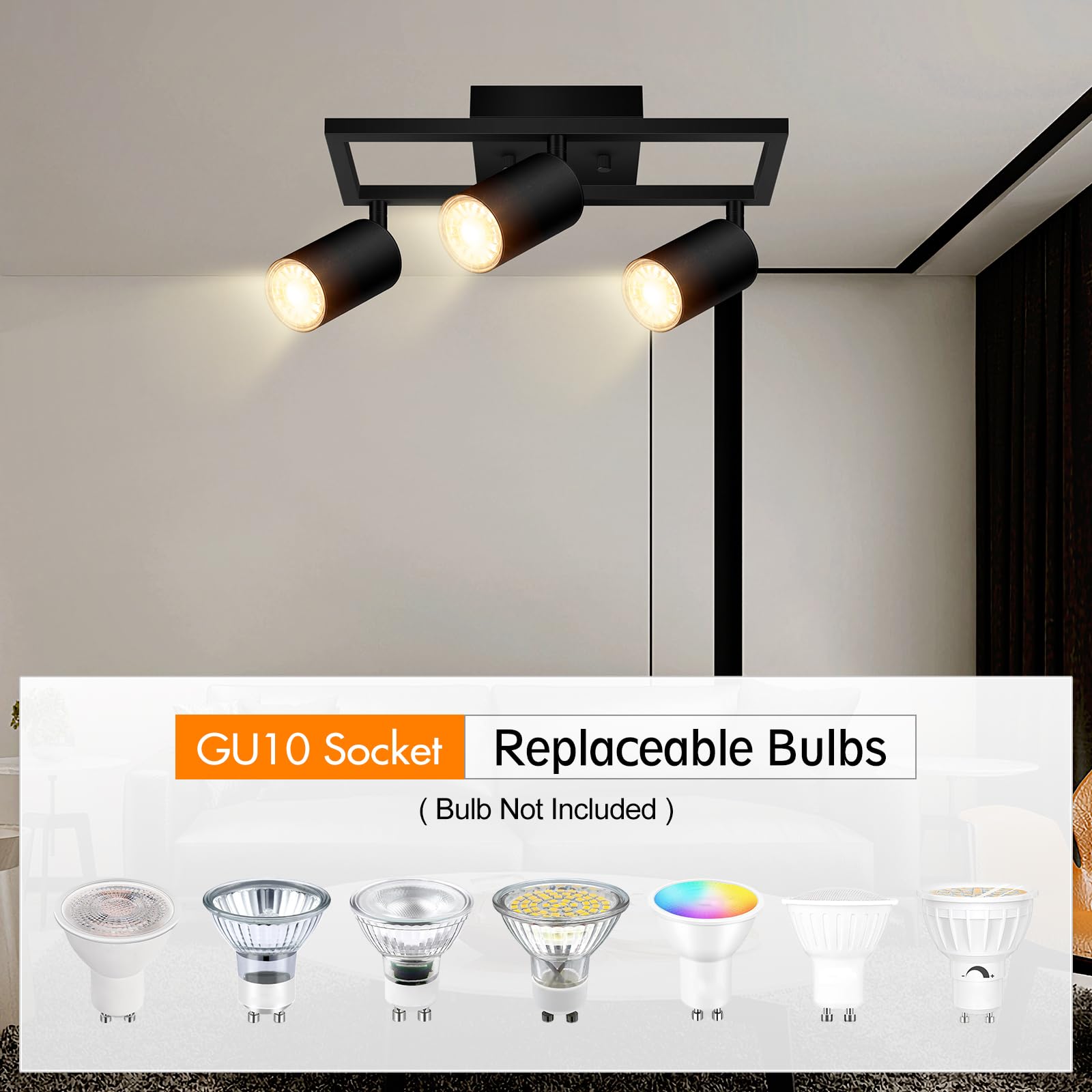 Track Lighting Fixtures Ceiling, 3 Way Track Lighting Kit, LED Track Lighting with Rotatable Light Heads, Modern Ceiling Spot Lighting for Kitchen/Bedroom/Living Room, GU10 Bulb Not Included