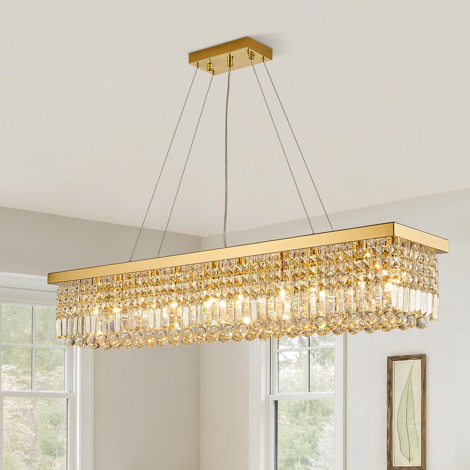 6-Light Modern Crystal Chandelier Rectangular Gold K9 Crystal Raindrop Chandelier for Dining Room, Luxury Adjustable Ceiling Pendant Light for Living Room Kitchen Island L31.5'' x W10'' x H10''