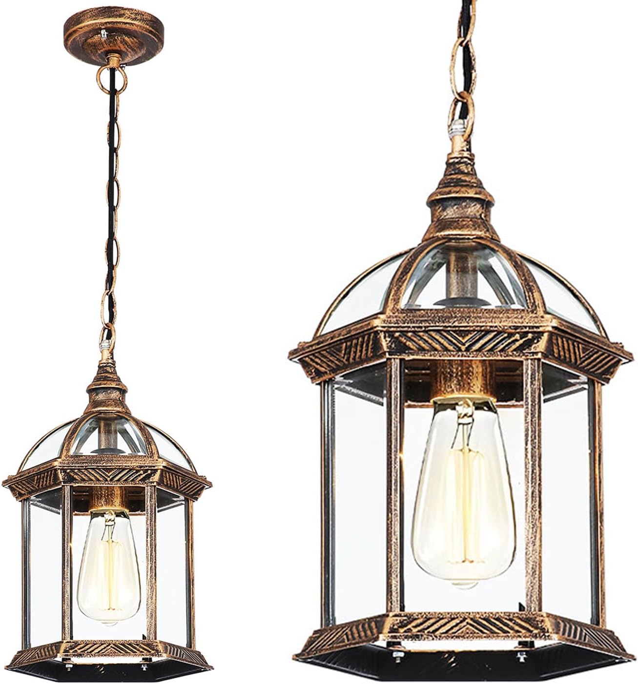 Outdoor Pendant Lights for Porch, Vintage Bronze Exterior Hanging Lantern Anti-Rust Aluminum Hanging Lights with Clear Glass Shade Waterproof Pendant Light for Front Door Foyer Entryway