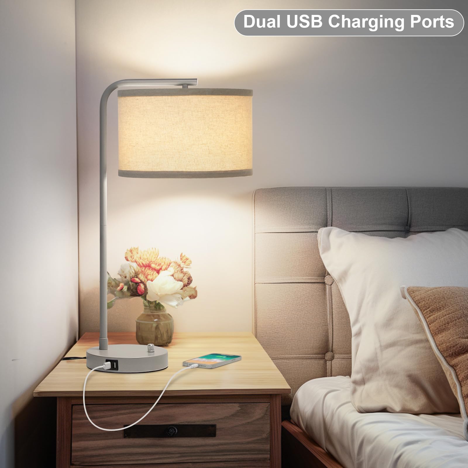 USB Bedside Lamp, Industrial Side Table Lamp with Dual USB Charging Ports, Fully Dimmable Nightstand Lamp, Tall Reading Lamp Desk Lamp for Bedroom, Living Room, Office, 9W LED Bulb Included