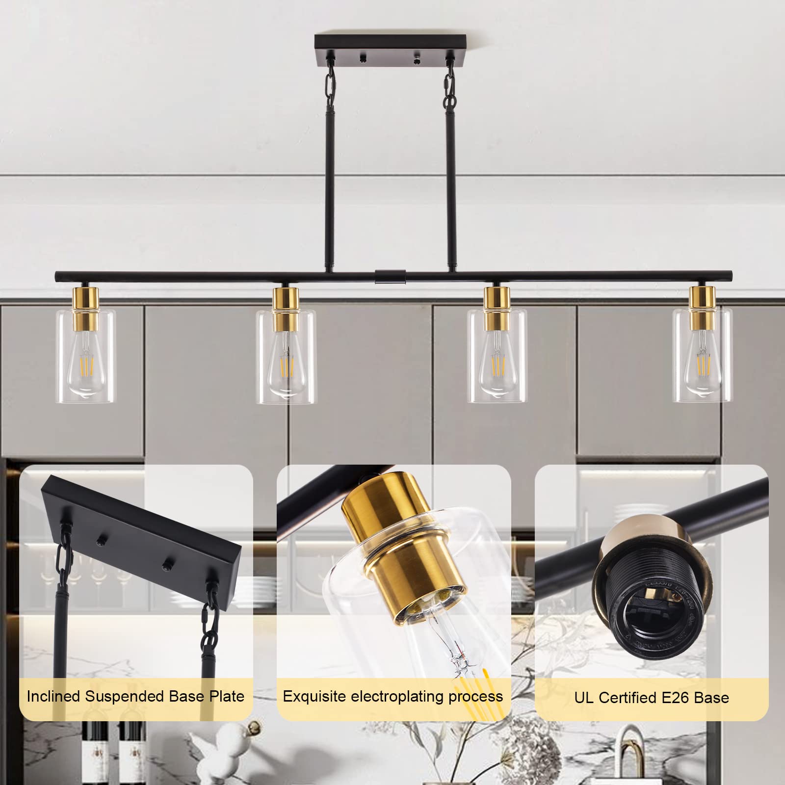 Kitchen Island Lighting, 3 Lights Linear Chandeliers Rectangle Pendant Light Fixtures for Dining Room Farmhouse Hanging Light with Glass Shades Hanging Lights - Gold