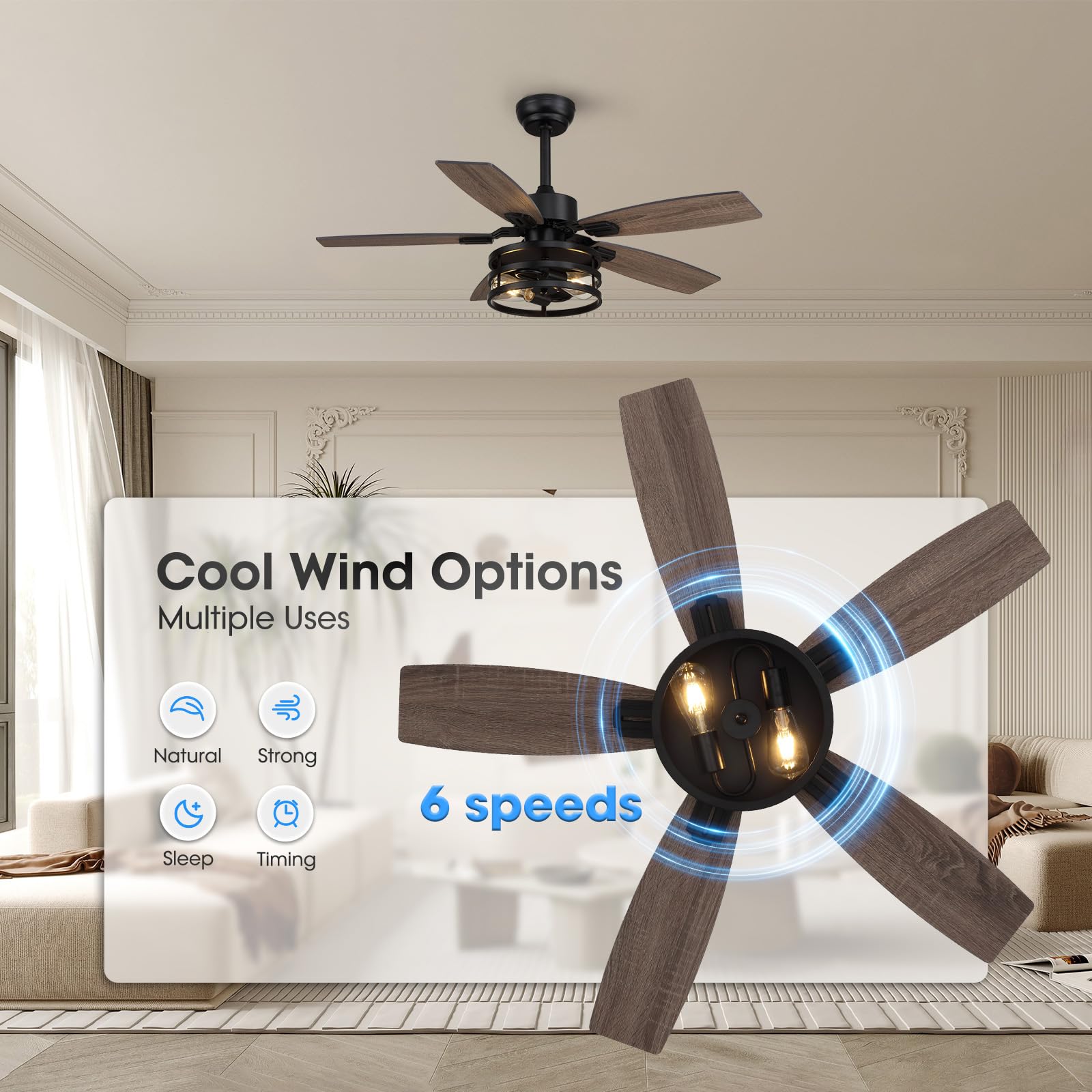 42 Inch Ceiling Fans with Lights and Remote/APP Control, Brown Ceiling Fan for Bedroom Living Room and Patio, Caged Ceiling Fan with 2 E26 LED Lights(Bulbs not Included), Indoor and Outdoor