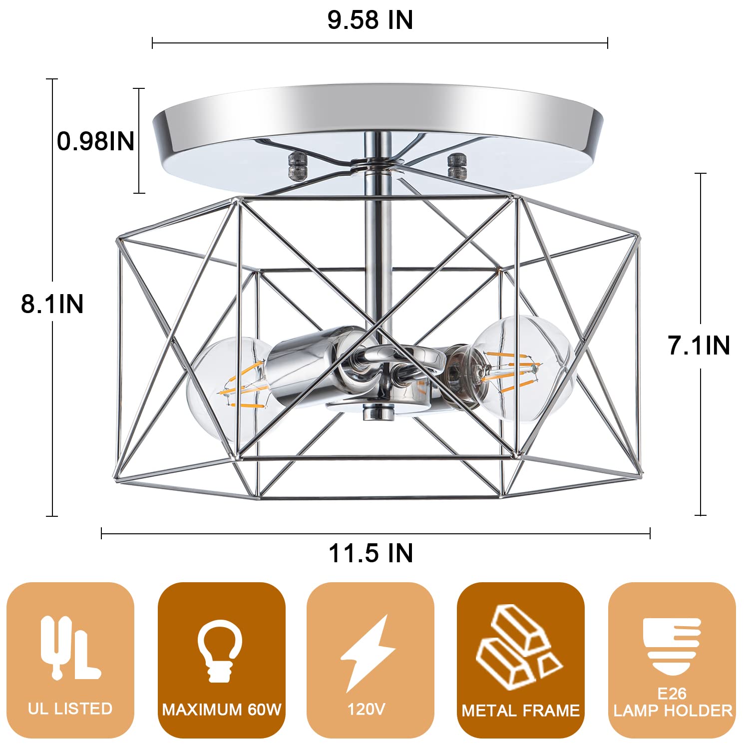 Farmhouse Semi Flush Mount Ceiling Light Fixture, 11.5 Inch Rustic Metal Light Fixtures Ceiling Mount, Industrial Light Fixtures for Hallway Kitchen Living Room