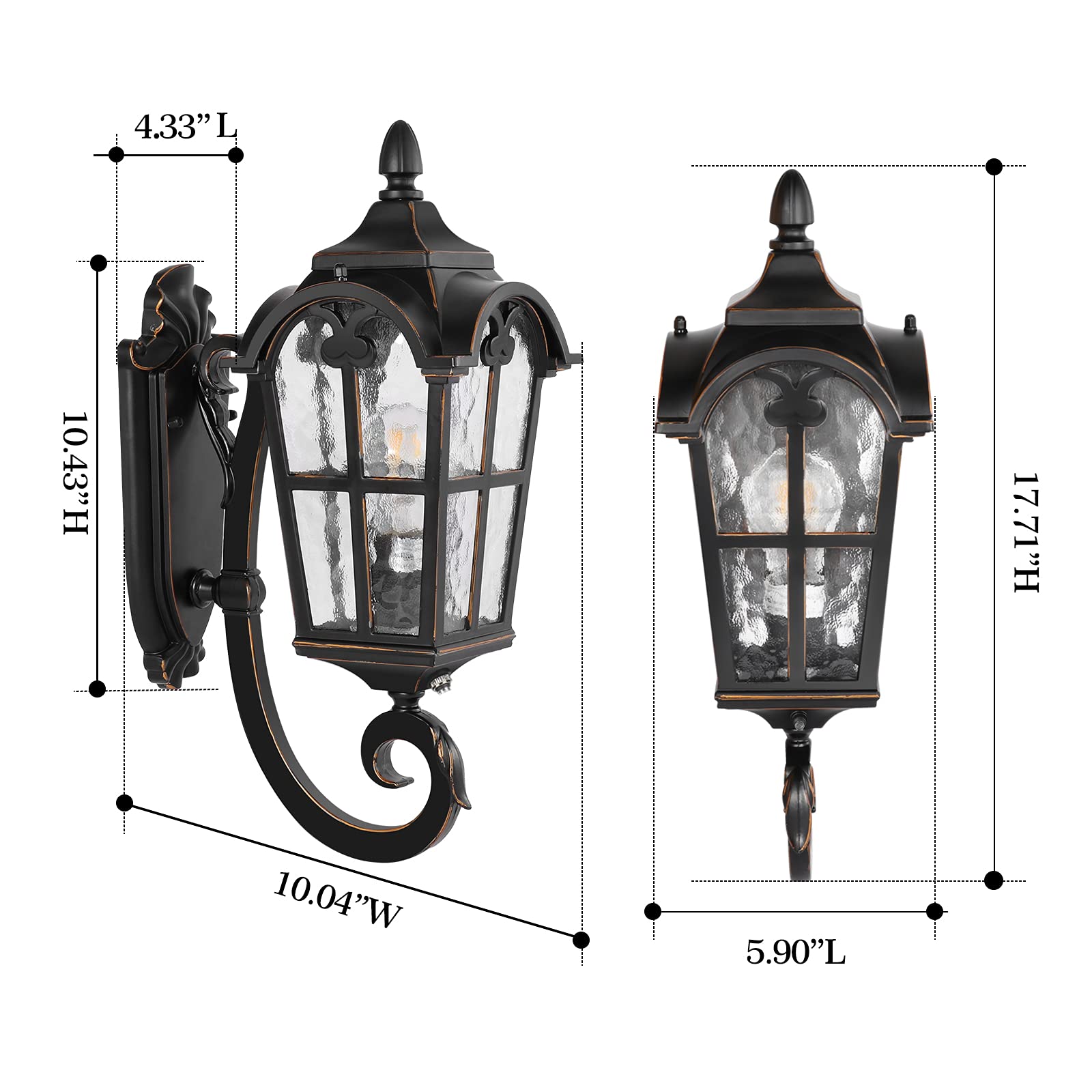 PARTPHONER Outdoor Wall Light Fixtures Black Roman 17.71" H Exterior Wall Lantern Waterproof Sconce Porch Lights Wall Mount with Water Glass Shade for House