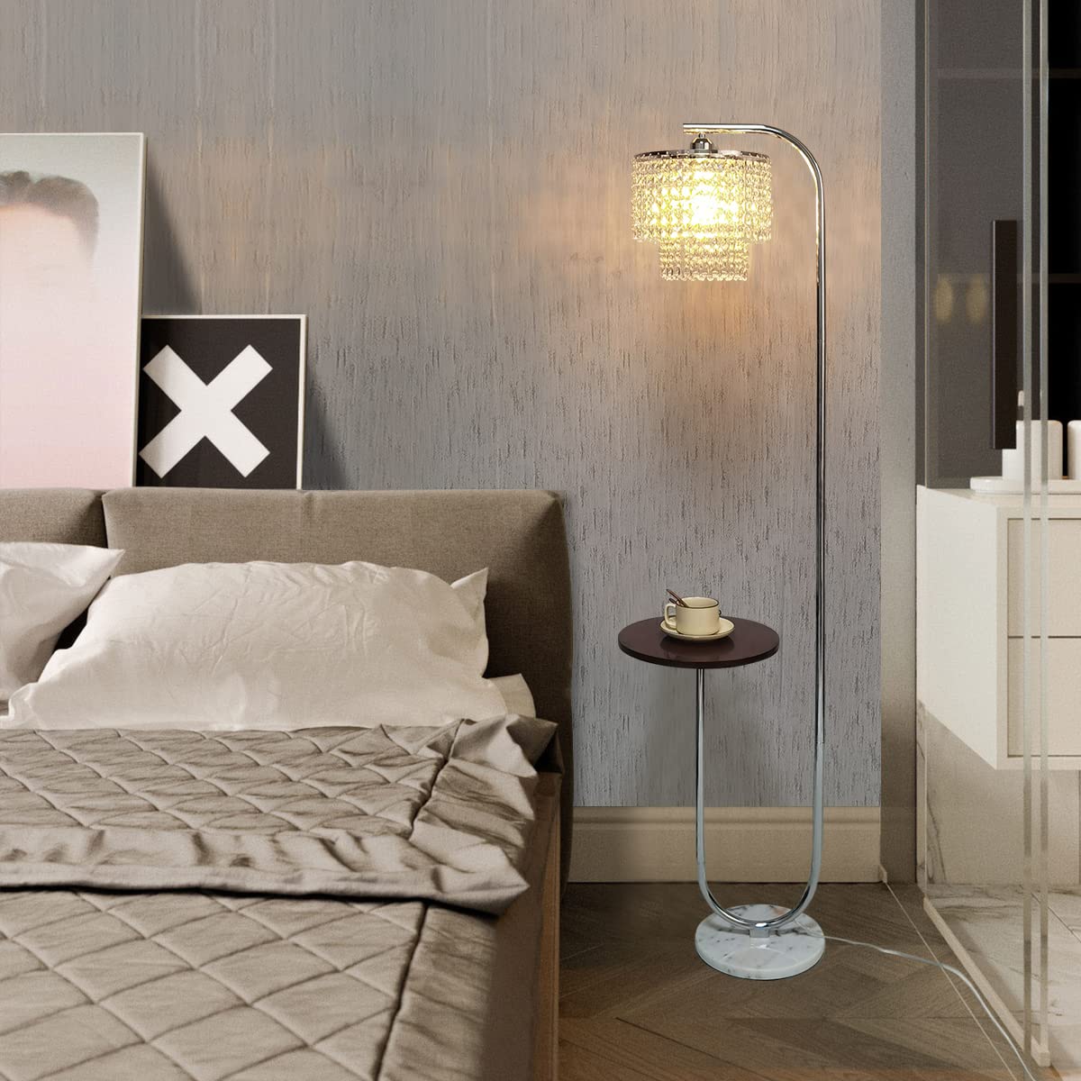 Arc Crystal Floor Lamp for Living Room - Marble Base Modern Tall Stand Up Light with Table,Contemporary Over The Couch Gold Lamp Standing Lamps for Bedroom Office Living Room