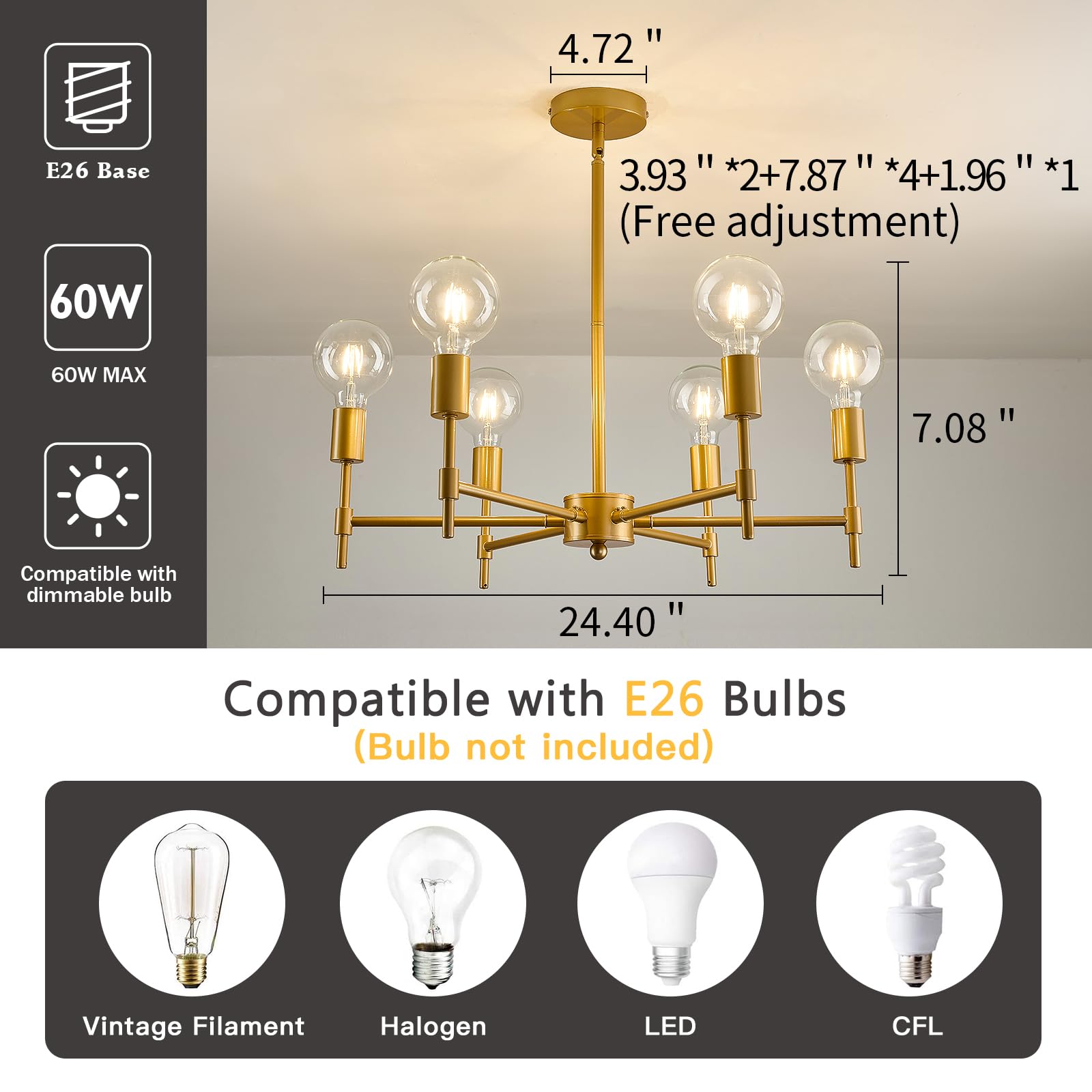 8-Light Gold Candle Chandeliers Modern Farmhouse Ceiling Light Fixture Industrial Lighting for Dining Room Living Room Bedroom Kitchen Island Foyer