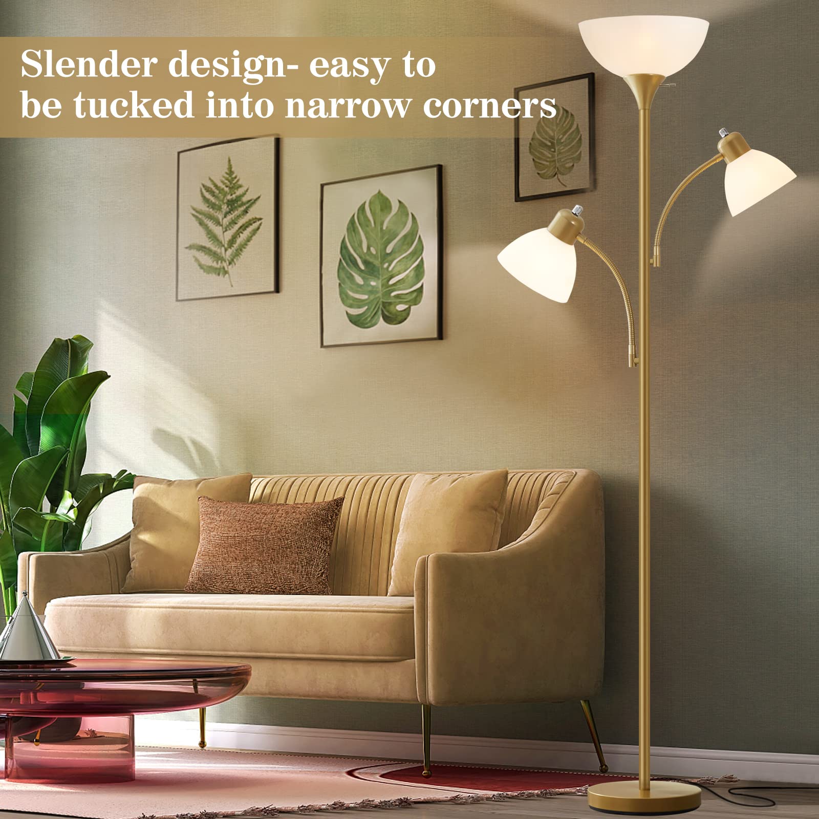 Floor Lamps for Living Room, 72" Tall Standing Lamps, Torchiere Lamp with 8W Adjustable Reading Lights, Modern Bright Floor Lamp for Bedroom, Office, Dresser, Gold&White, Bulbs Included