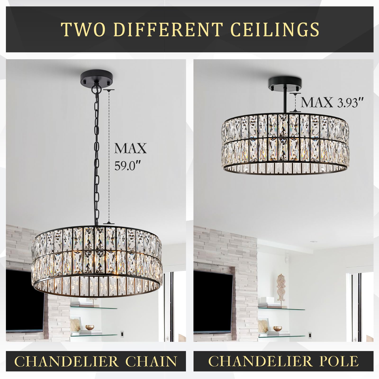 Gold Crystal Chandeliers, Modern Semi Flush Mount Chandelier 4-Ligh Drum Crystal Ceiling Pendant Light Fixture 12” for Foyer Entryway Kitchen Hallway Dining Room