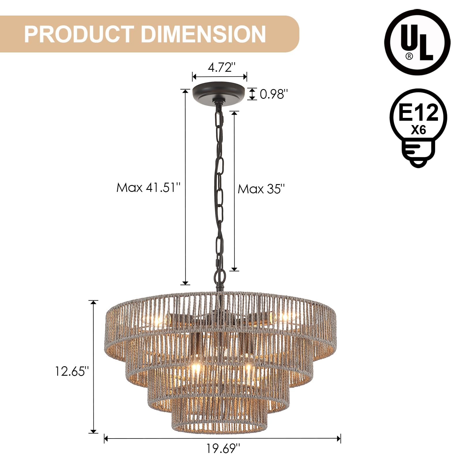 6-Lights Hand-Woven Rattan Pendant Light 4 Round Transitional Minimalist Boho Large Pendant Light for Kitchen Island Dining Room Living Room Hallway, Dia 20 Inch, UL Listed