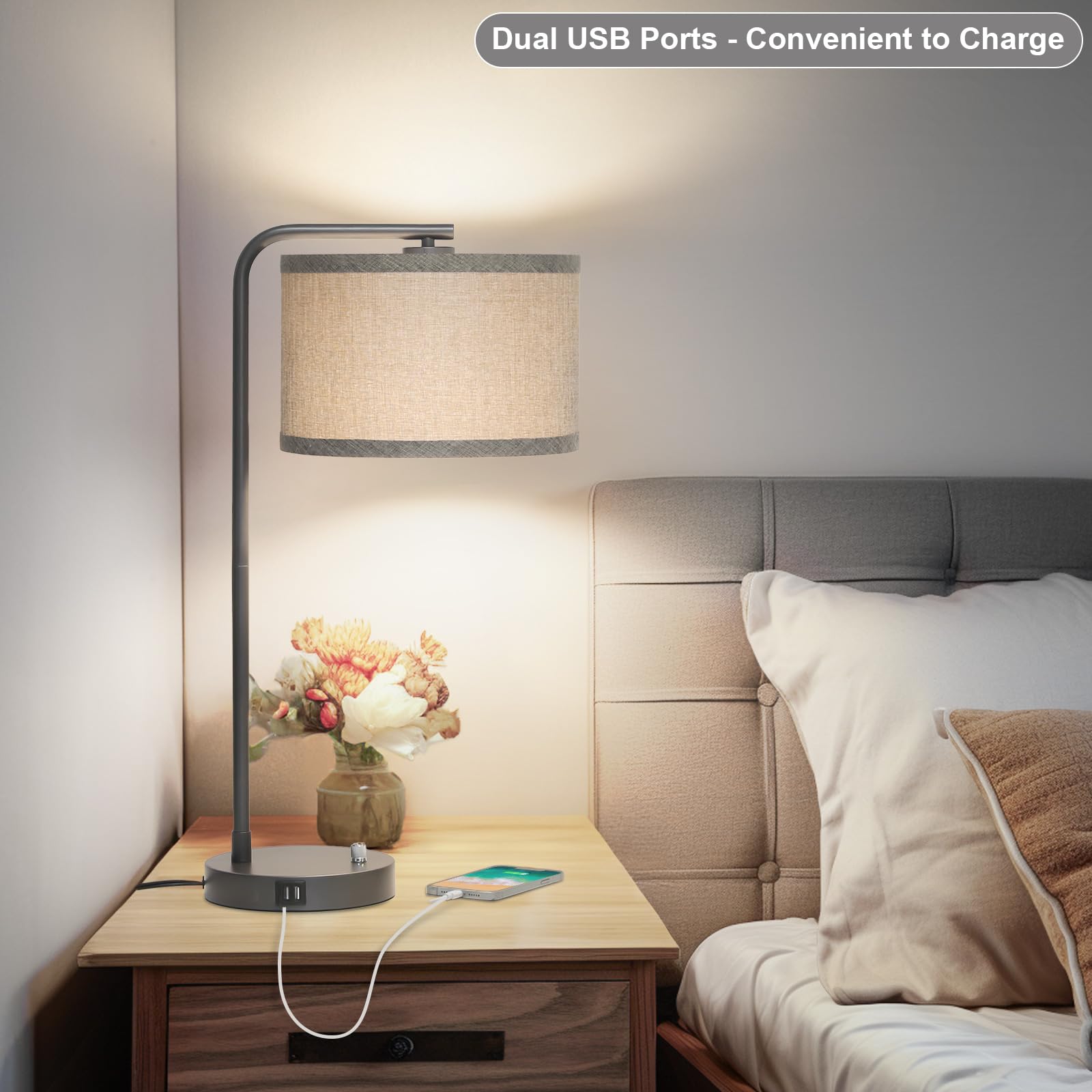 USB Bedside Lamp, Industrial Side Table Lamp with Dual USB Charging Ports, Fully Dimmable Nightstand Lamp, Tall Reading Lamp Desk Lamp for Bedroom, Living Room, Office, 9W LED Bulb Included