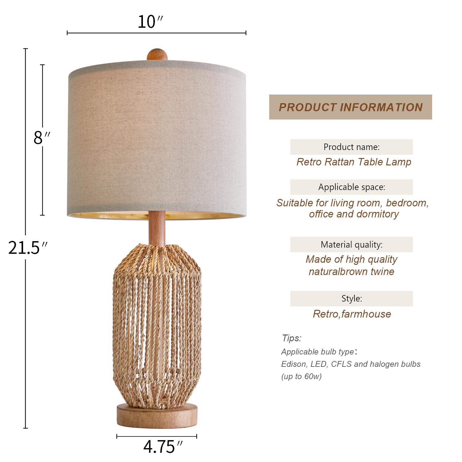 OYEARS 21" Boho Table Lamp for Living Room, Bedside Lamp for Nightstands, Rattan Lamp for Bedroom, Farmhouse Table Lamp for Room Decor, End Table, Retro, Brown, 1 Pack