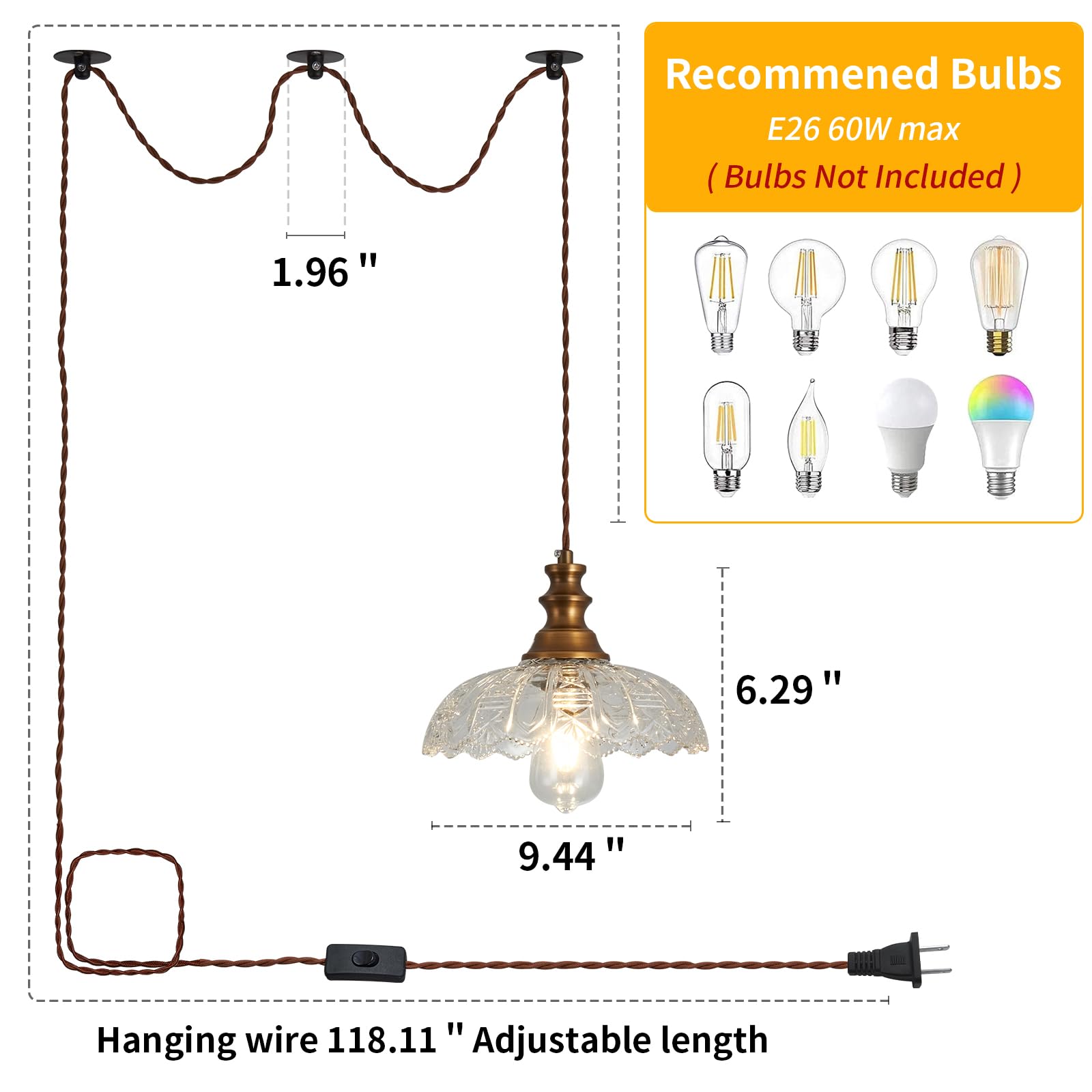 1-Light Pendant Light with Oil Rubbed Bronze Metal Glass Shade and Adjustable Cord Industrial Ceiling Hanging Light for Kitchen Island Bar Dining Room Bedroom Foyer Hallway Farmhouse