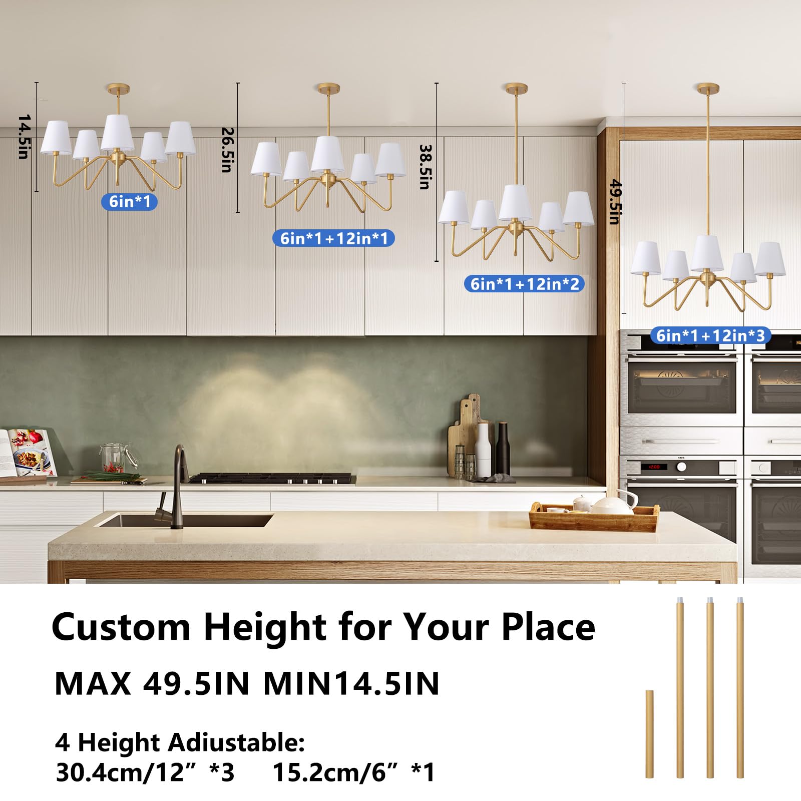 30.5" 5 Arms Gold Chandelier, 5 Lights Kitchen Island Lighting with White Fabric Shade,Dining Room Light Fixture for Hallway Entryway Foyer Living Room，E12.