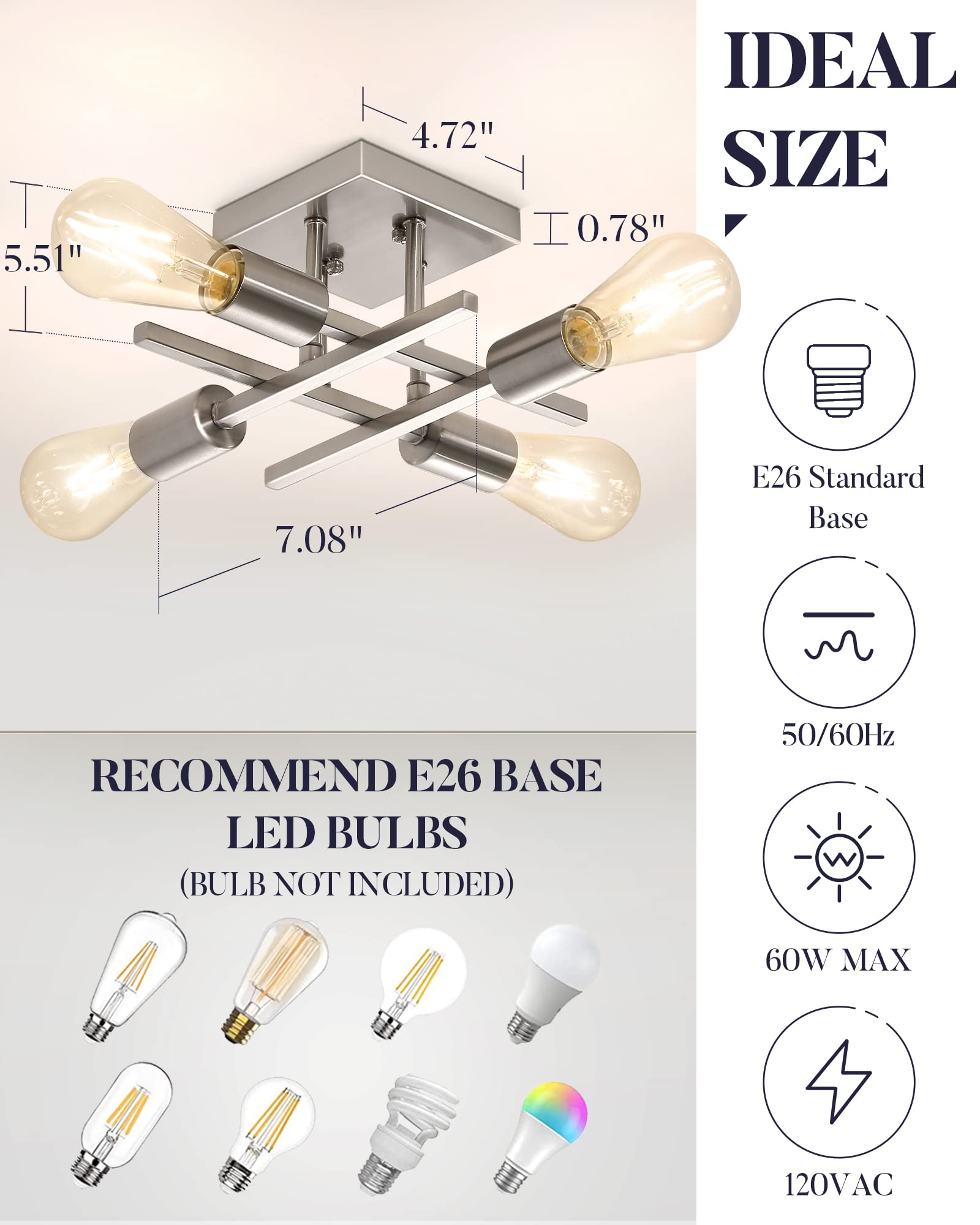 Industrial 4-Light Semi Flush Mount Ceiling Light Fixture, Modern Brushed Nickel Chandelier Lighting Sputnik Ceiling Lamp with E26 Bulb Base for Kitchen Bedroom Living Room Hallway Entryway