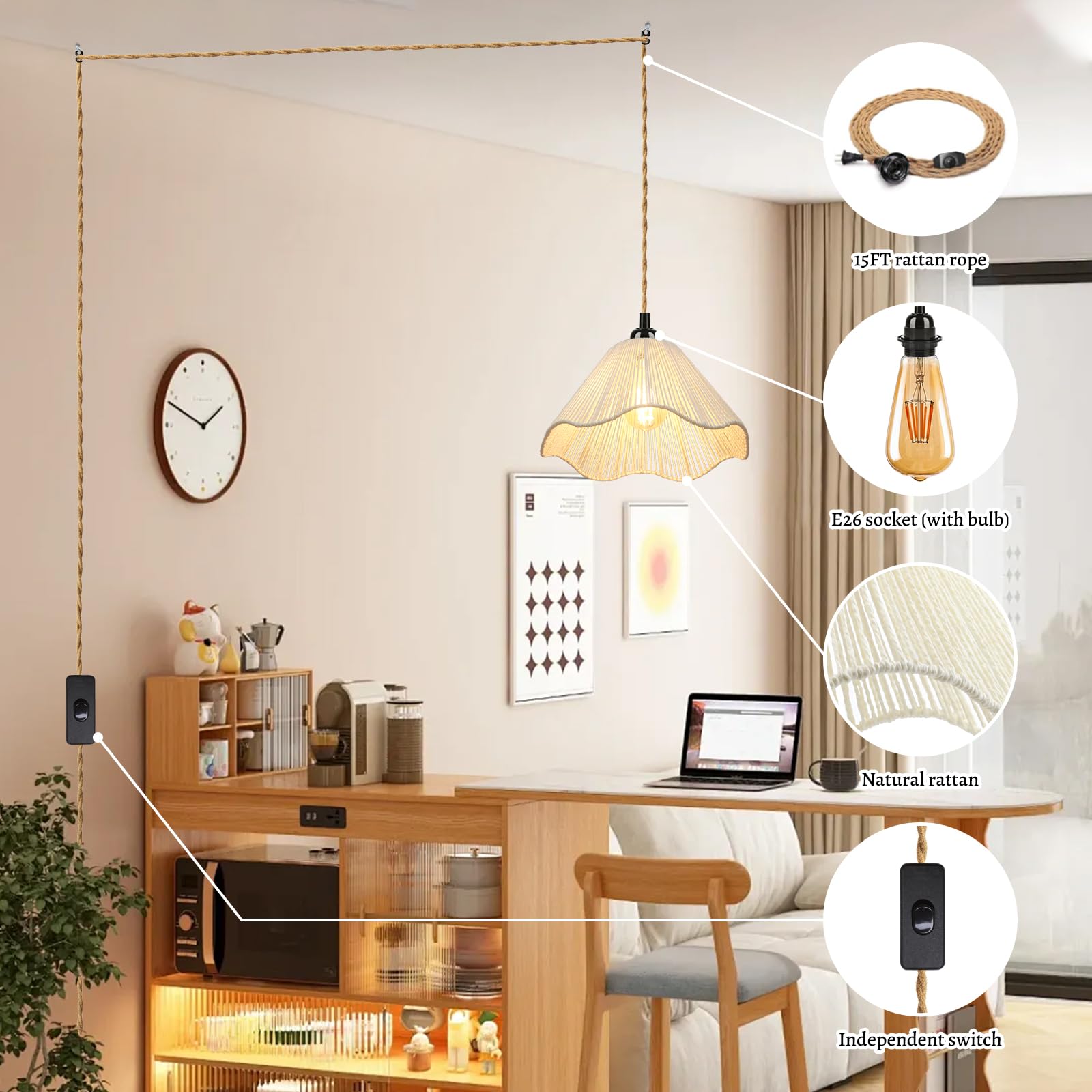 Pendant Lights with Switch & Hemp Rope, Umbrella Shaped Industrial Hanging Light Kit with E26 Socket, Lamp Cord Fixture for Farmhouse Bedroom Living Room Decor- Ivory (3-Lights)