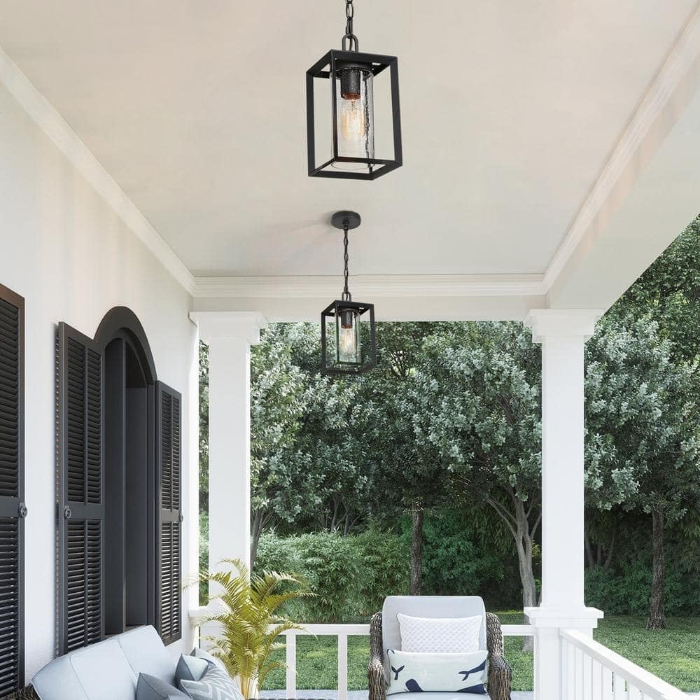 Outdoor Pendant Light, Black Outdoor Pendant Lights for Porch Exterior Hanging Light Fixture Anti-Rust Rectangle Porch Lights Pendant Lighting with Seeded Glass