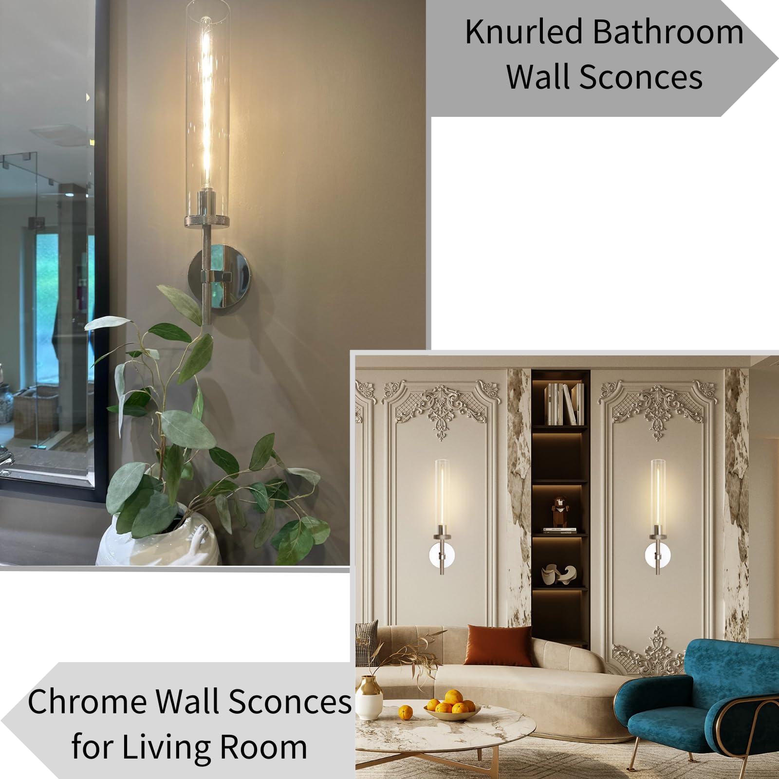 Brass Wall Sconces Set of Two, 19" Knurled Gold Sconces Wall Lighting, Tube Glass Bathroom Sconces Wall Lights for Bedroom Living Room Vanity Sconce Wall Lamp for Hallway, Staircase