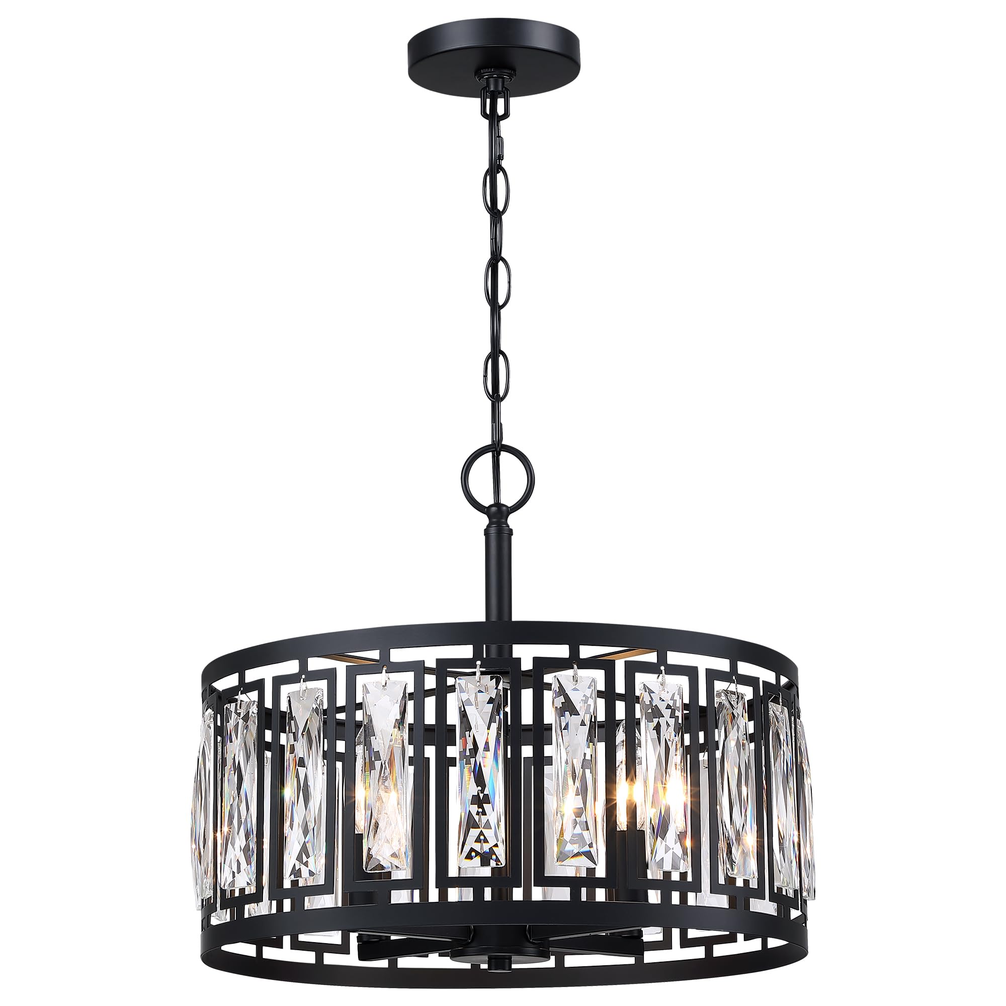 Crystal Pendant Lighting Fixture Matte Black Drum Shade Chandelier,2-Pack Pendant Lights for Kitchen Island Modern Ceiling Lights for Living Room