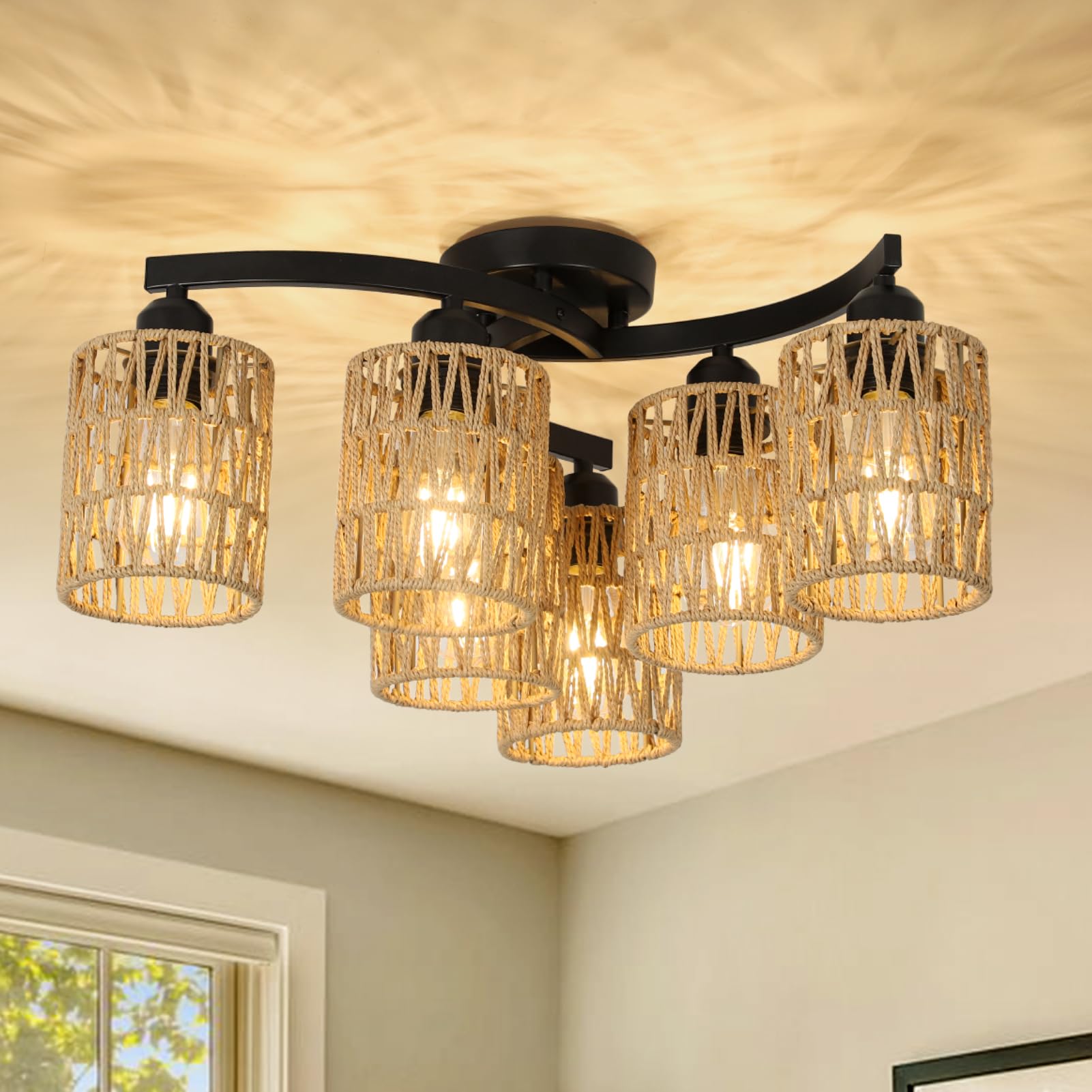 6 Light Semi Flush Mount Ceiling Light, Handmade Rattan Ceiling Light for Living Room, Rustic Farmhouse Dining Room Light Fixture, Boho Kitchen Light Fixtures Ceiling Mount for Hallway Bedroom Entry