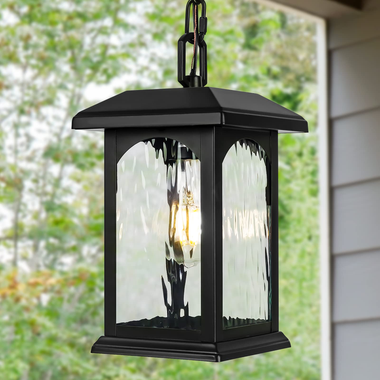 Outdoor Pendant Light Fixture, Adjustable Exterior Chandelier, Black Hanging Light, Porch Light with Temperate Rippled Glass, Modern Outside Hanging Lantern for Front Door, Gazebo, Patio, Anti-Rust