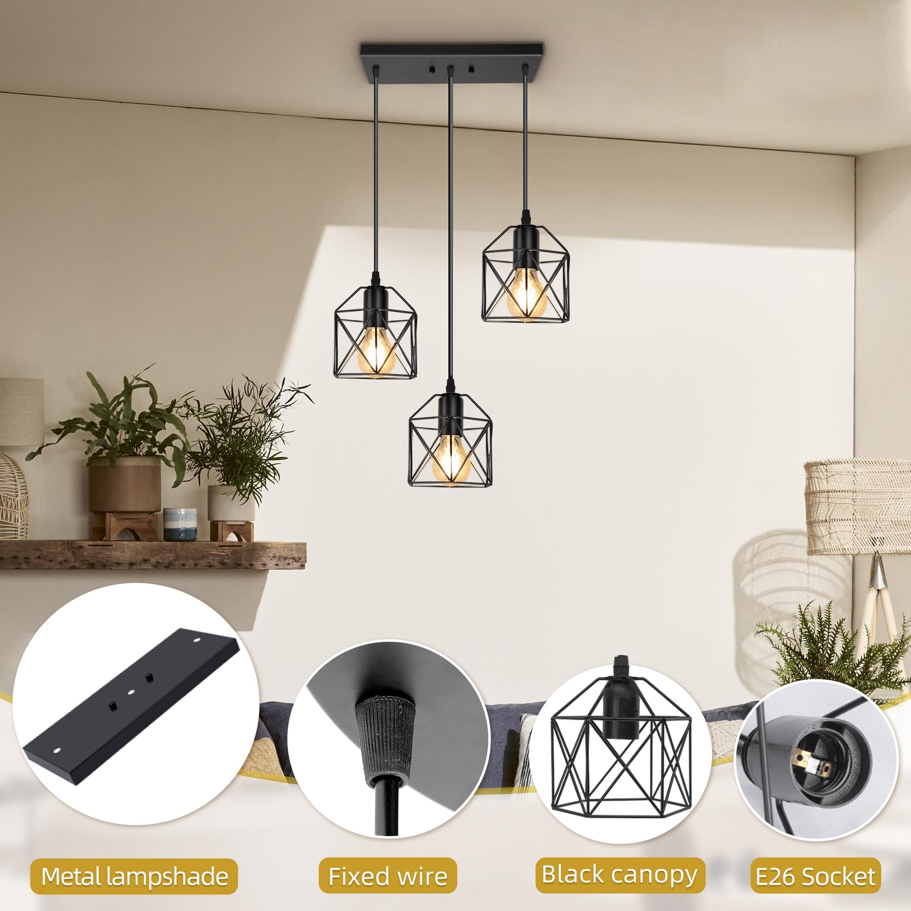 3-Light Hanging Pendant Light Fixtures, Farmhouse Kitchen Island Light Fixture, Industrial Hanging Pendant Lighting for Dining Room Bedroom Hallway, Black Metal Cage Pendant Lamp, E26 Base