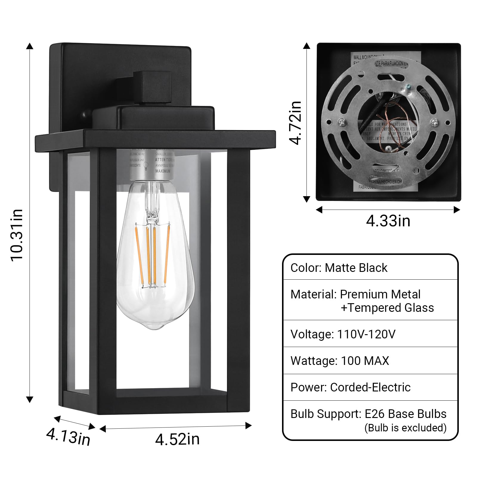 Outdoor Sconce Lights, Porch Light Fixtures Wall Mount, Waterproof Exterior Wall Lights for House, Wall Lamp, Black Wall Lantern with Clear Glass, Outside Lights for Garage, Doorway, 2 Pack