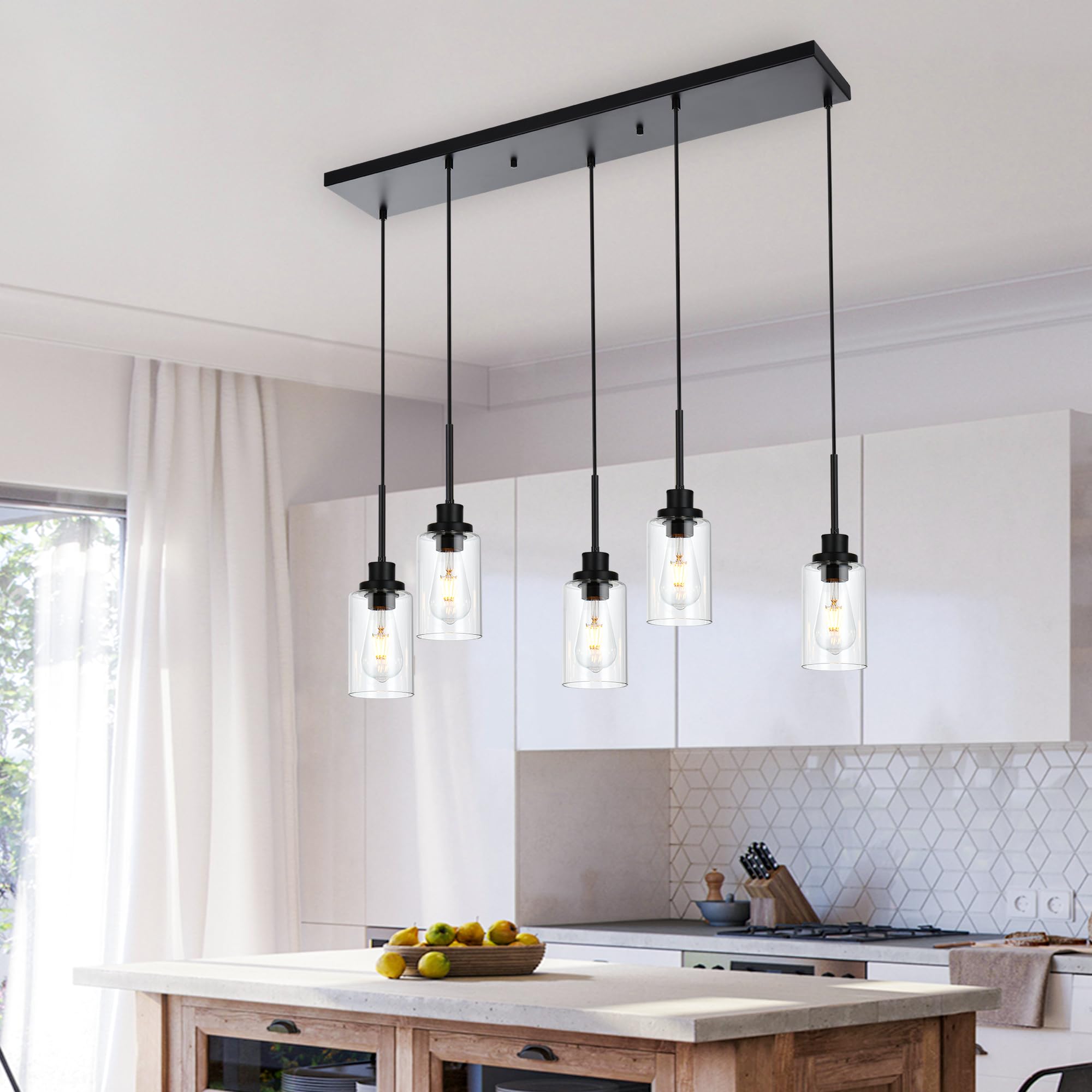 Black Pendant Lights for Kitchen Island, 5-Light Dining Room Light Fixtures Linear Chandeliers with Clear Glass Shade, DIY Hanging Lamp Ceiling for Dining Room Kitchen Bar