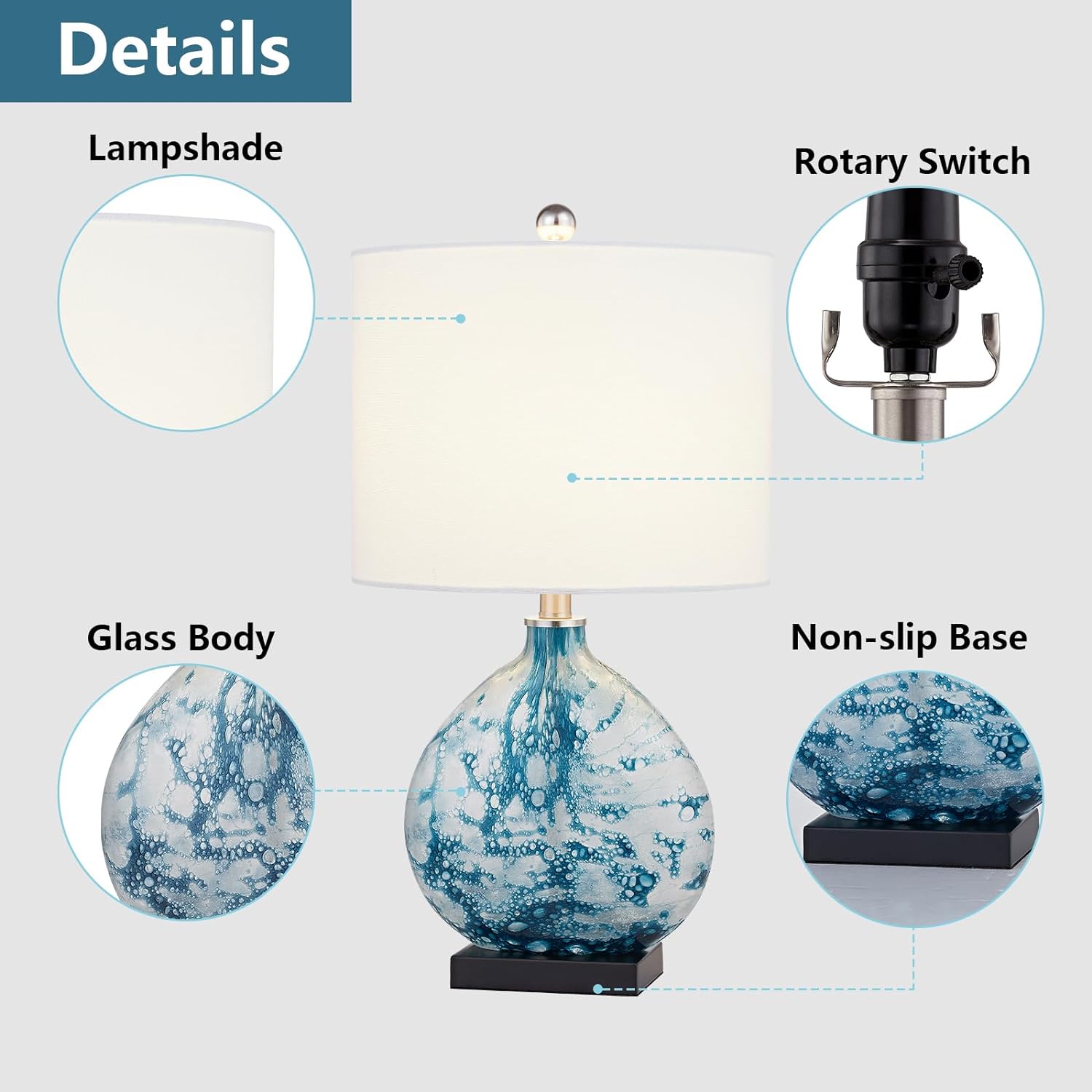 Maxax Coastal Glass Table Lamp, 3-Way Dimmable Blue Glass Bedside Lamp with White Drum Shade for Living Room Bedroom Nightstand