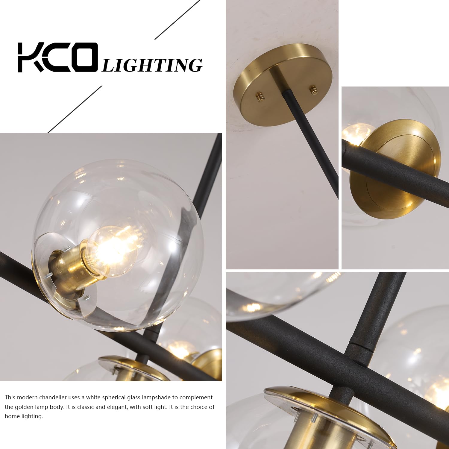 KCO Lighting Modern Brass Linear Chandelier Pendant Light 7-Lights Gold and White Glass Pendant Lighting Mid Century Globe Dining Light Fixture for Living Room Kitchen