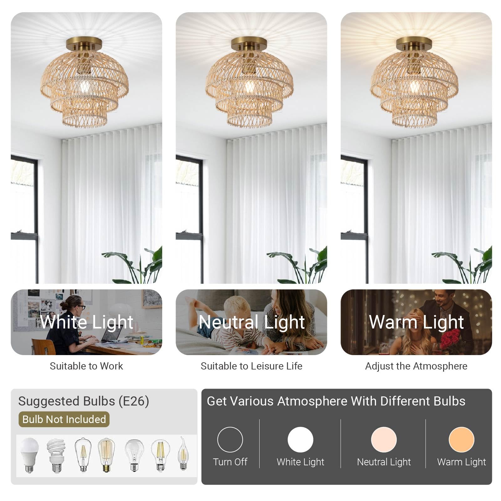 12'' Rattan Ceiling Light Fixtures Boho Chandelier Rattan Semi Flush Mount Ceiling Light with Tiered Wicker Lampshade,Farmhouse Ceiling Light Fixtures for Bedroom Entryway Living Room Nursery